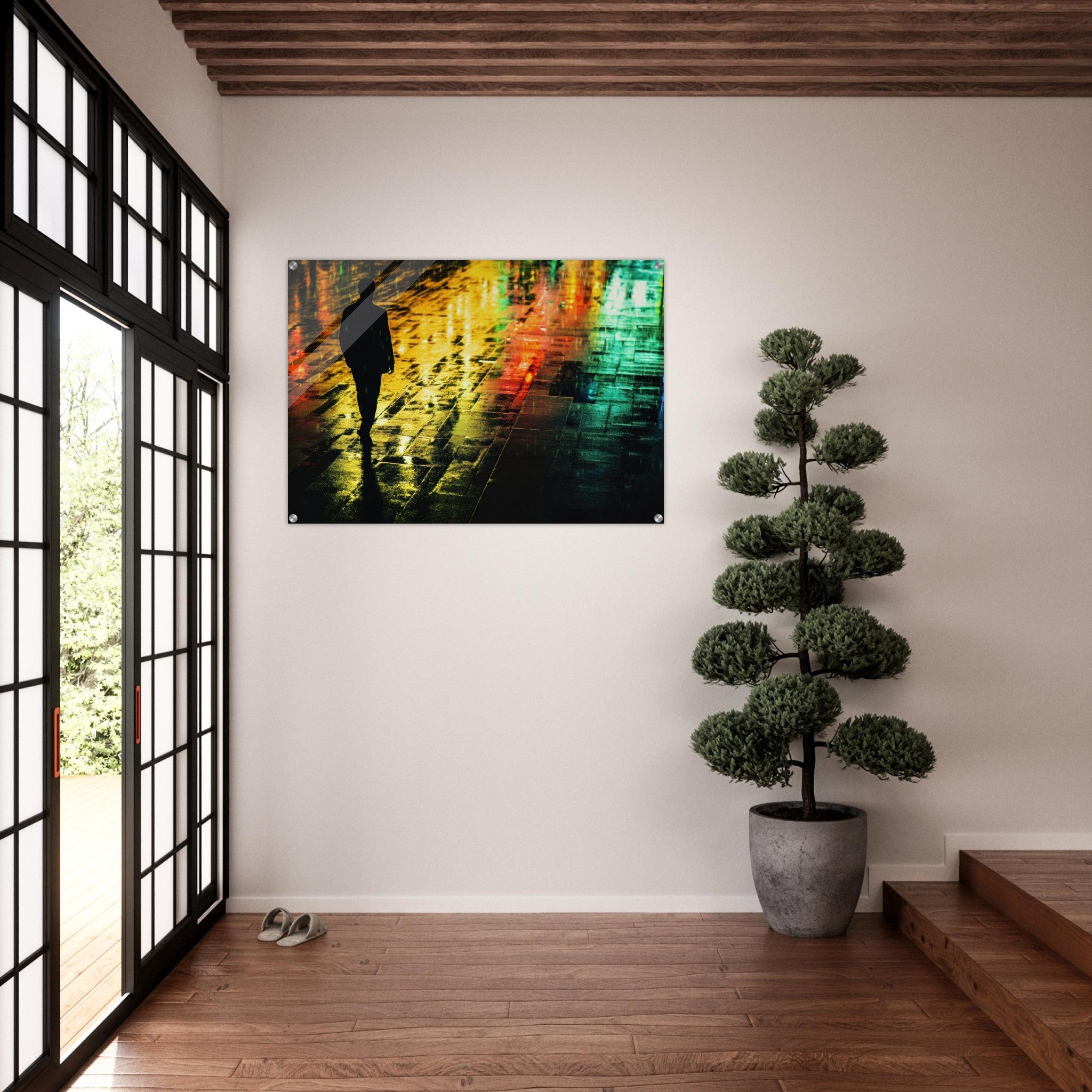 Acrylic Print Landscape - A man walks alone in the pouring rain his figure 2 - Shop Ai Art WebShop - Digital Art online Store