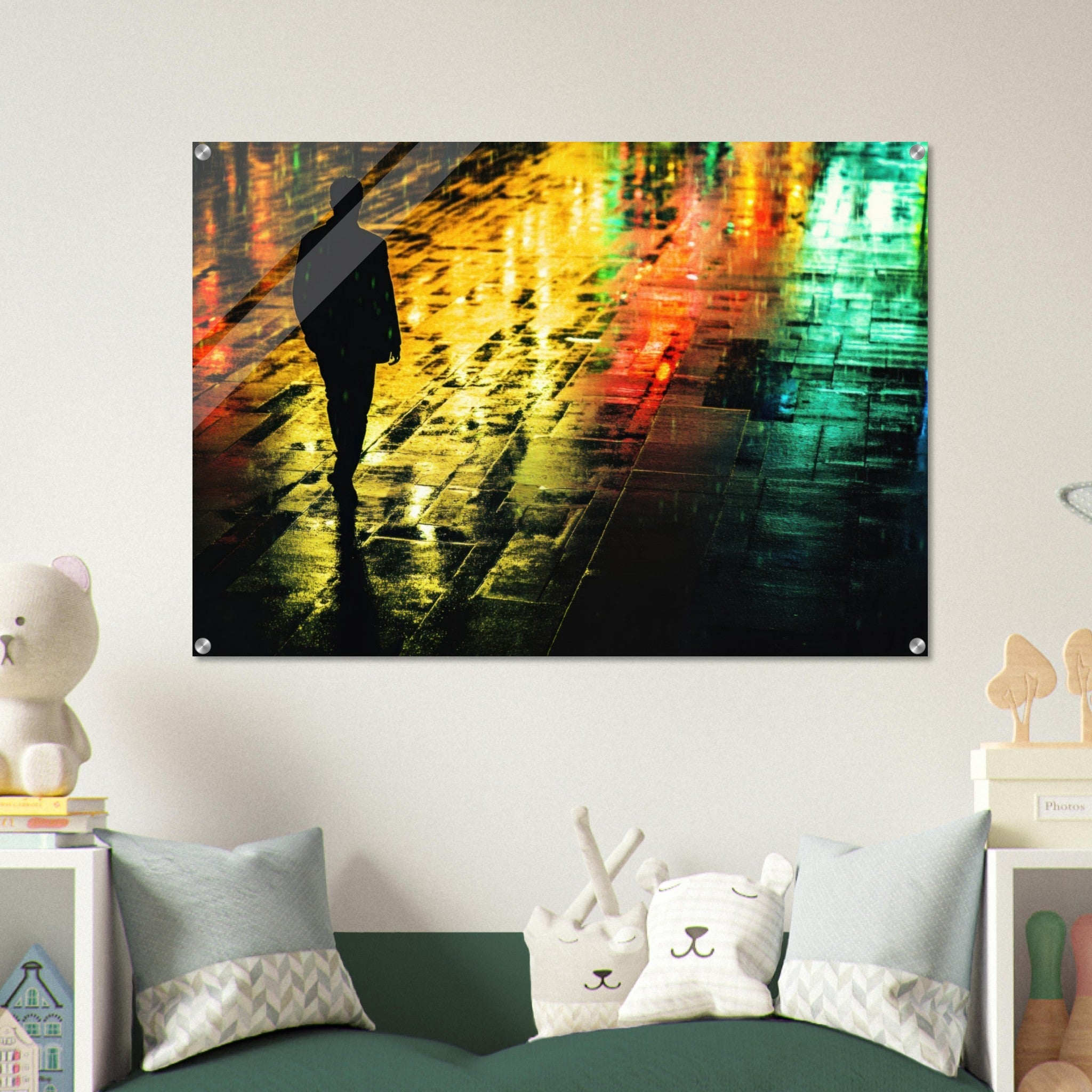 Acrylic Print Landscape - A man walks alone in the pouring rain his figure 2 - Shop Ai Art WebShop - Digital Art online Store