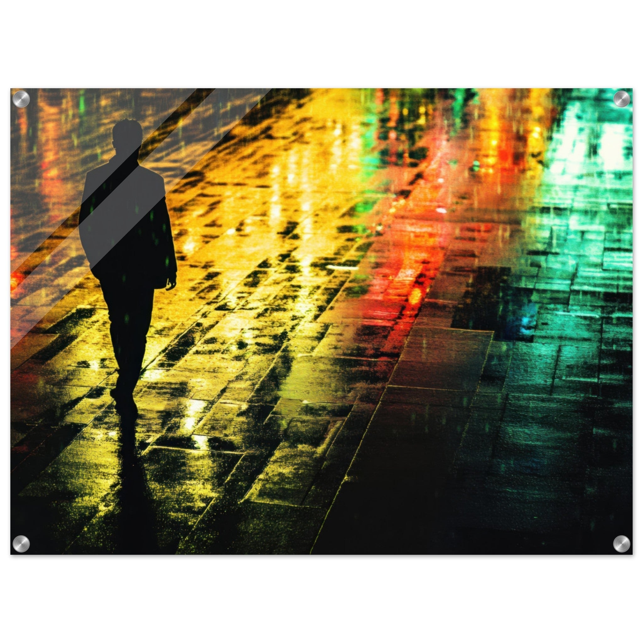 Acrylic Print Landscape - A man walks alone in the pouring rain his figure 2 - Shop Ai Art WebShop - Digital Art online Store
