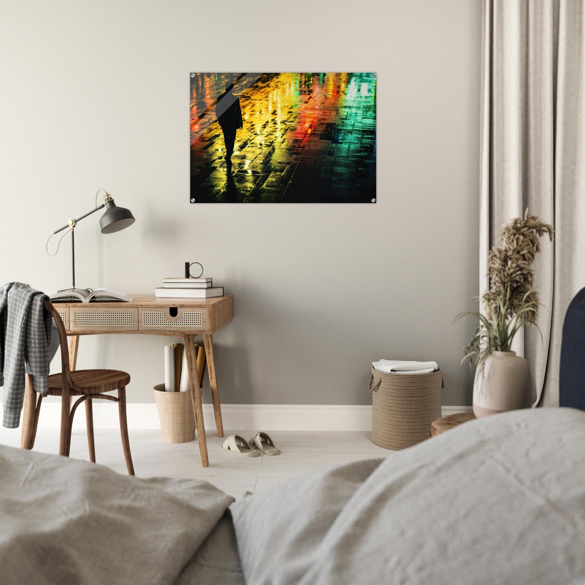 Acrylic Print Landscape - A man walks alone in the pouring rain his figure 2 - Shop Ai Art WebShop - Digital Art online Store