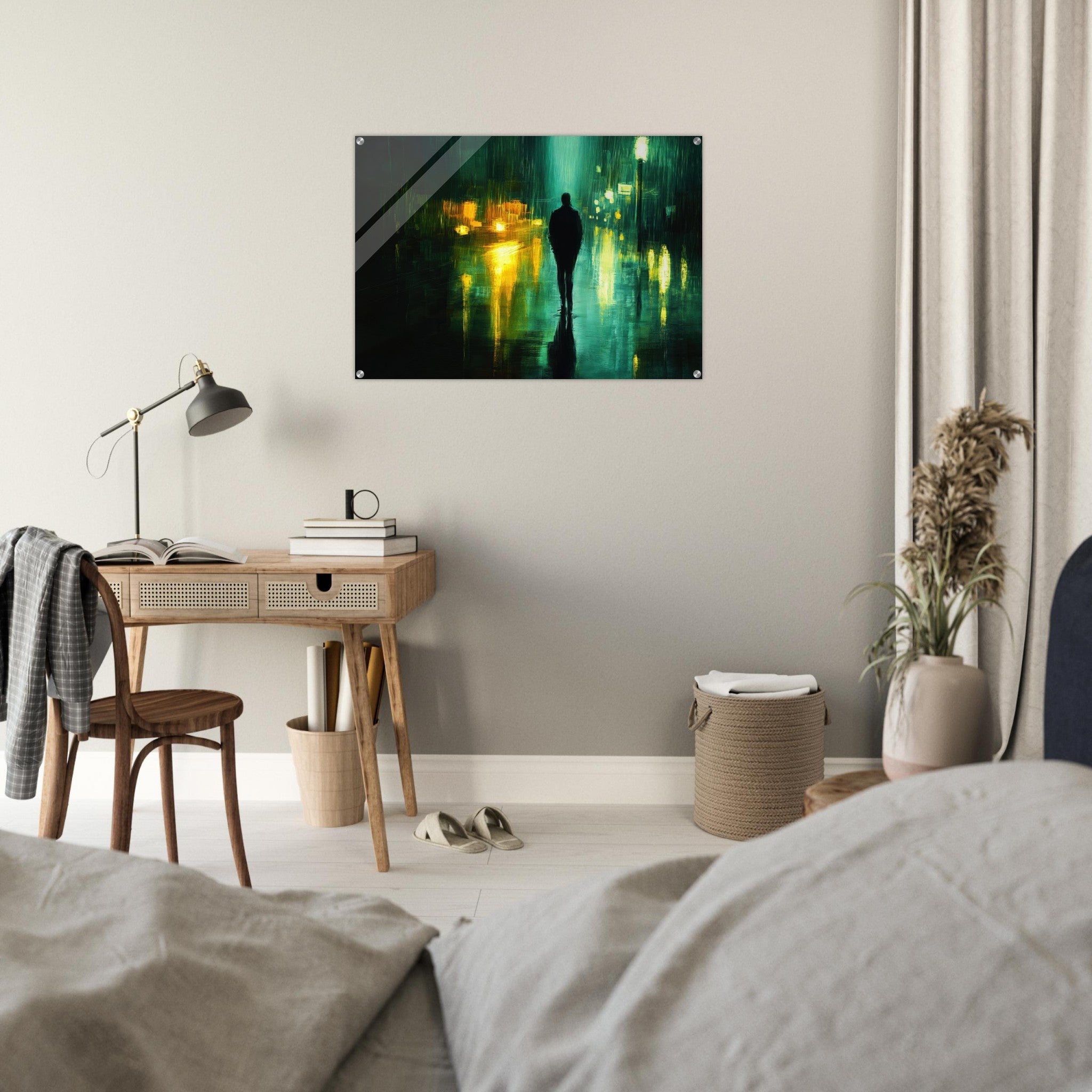 Acrylic Print Landscape - A man walks alone in the pouring rain his figure - Ai Art Force