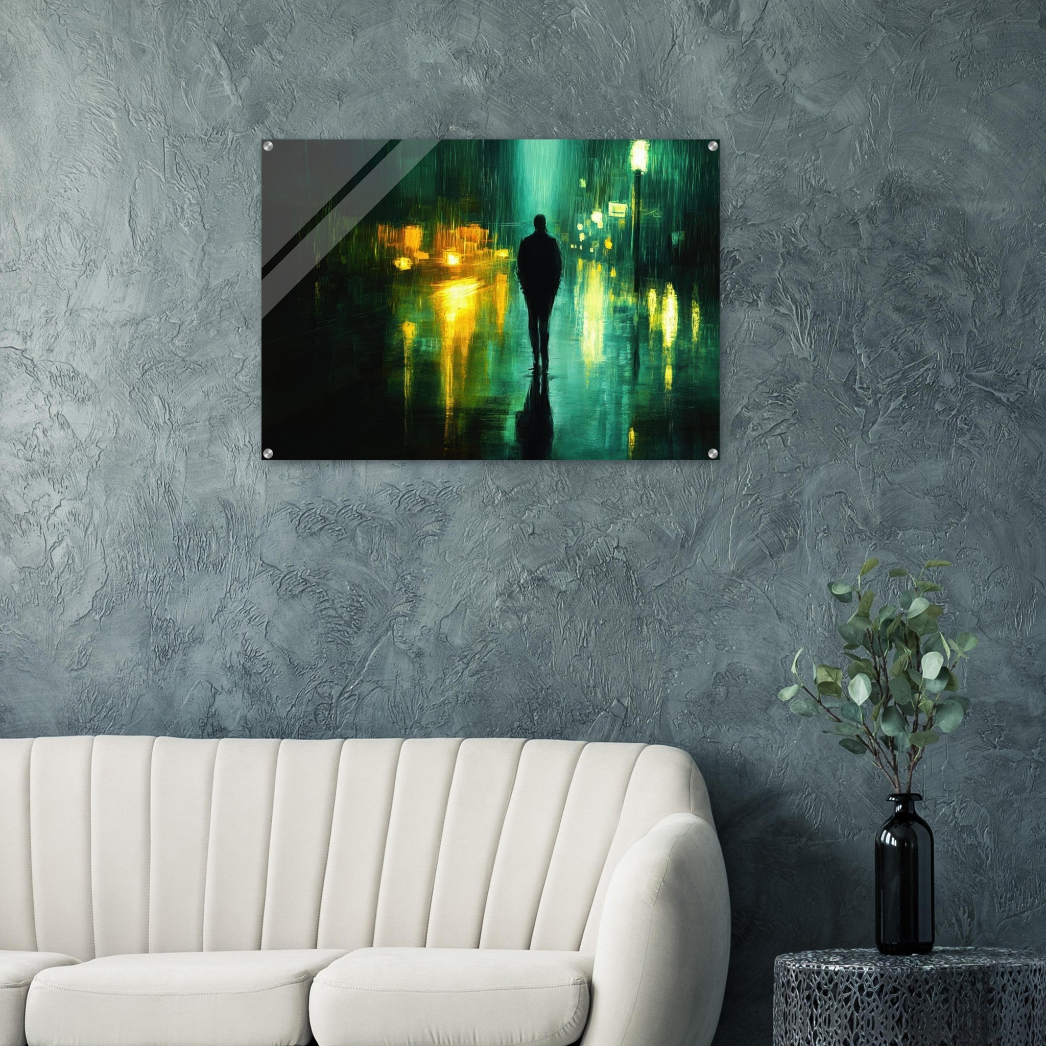 Acrylic Print Landscape - A man walks alone in the pouring rain his figure - Ai Art Force