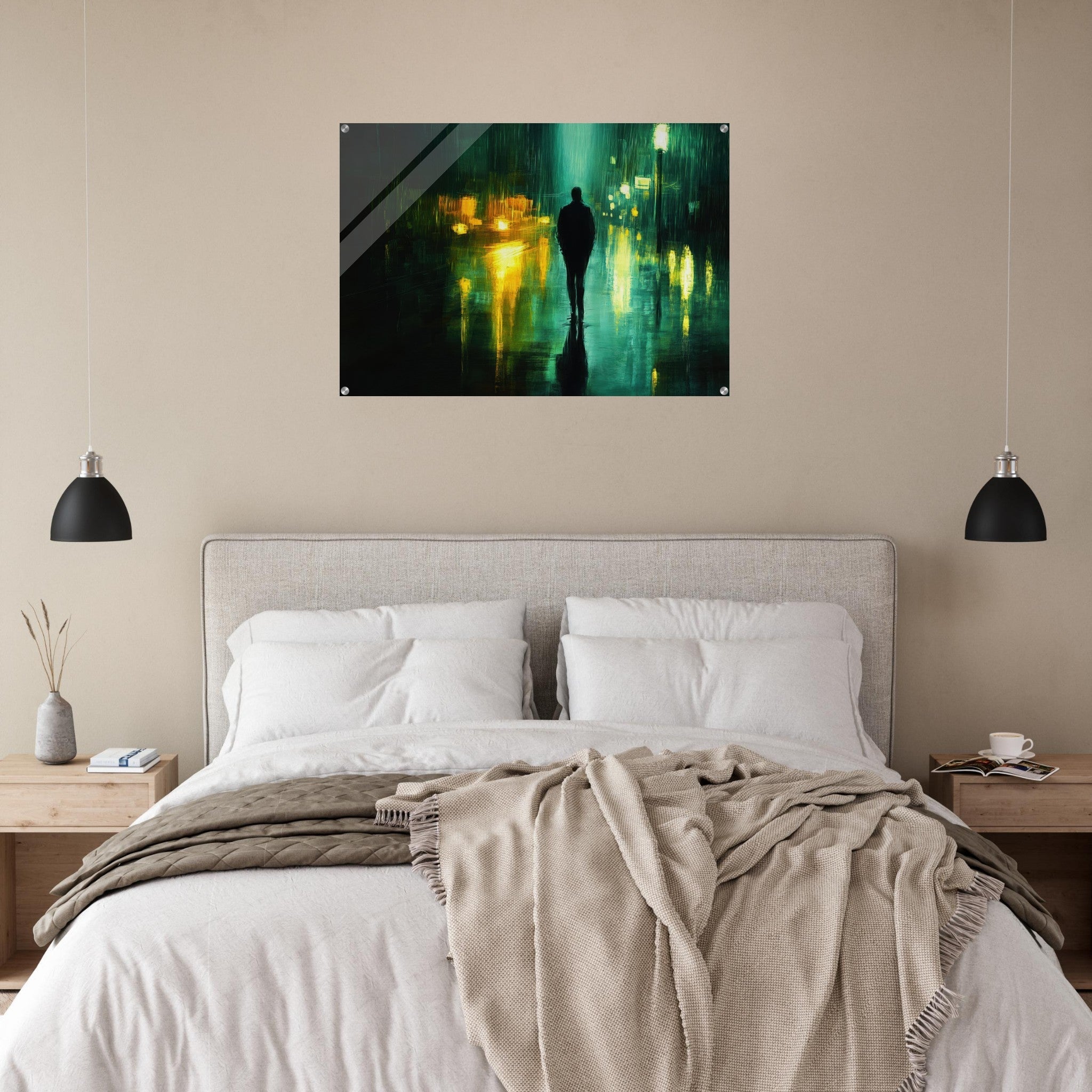 Acrylic Print Landscape - A man walks alone in the pouring rain his figure - Ai Art Force
