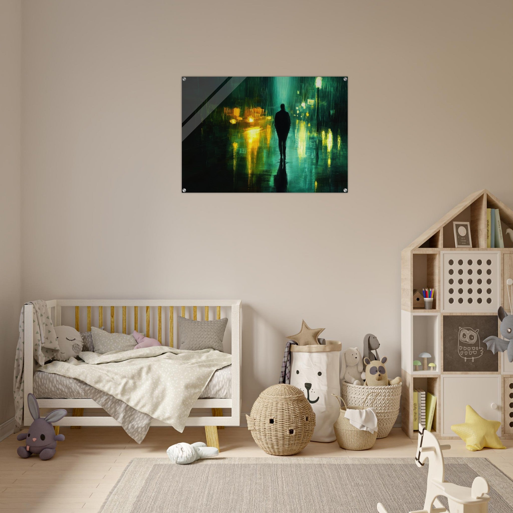 Acrylic Print Landscape - A man walks alone in the pouring rain his figure - Ai Art Force