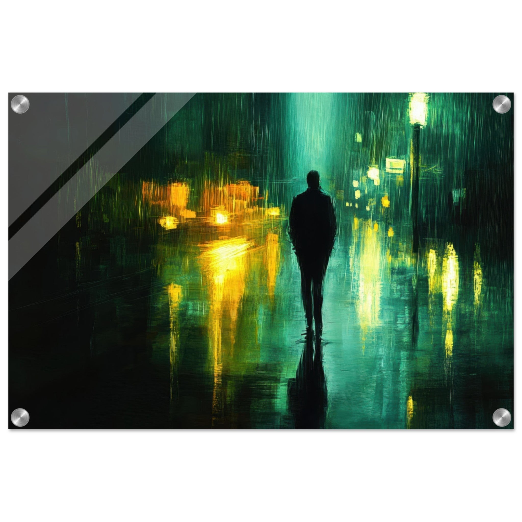 Acrylic Print Landscape - A man walks alone in the pouring rain his figure - Ai Art Force