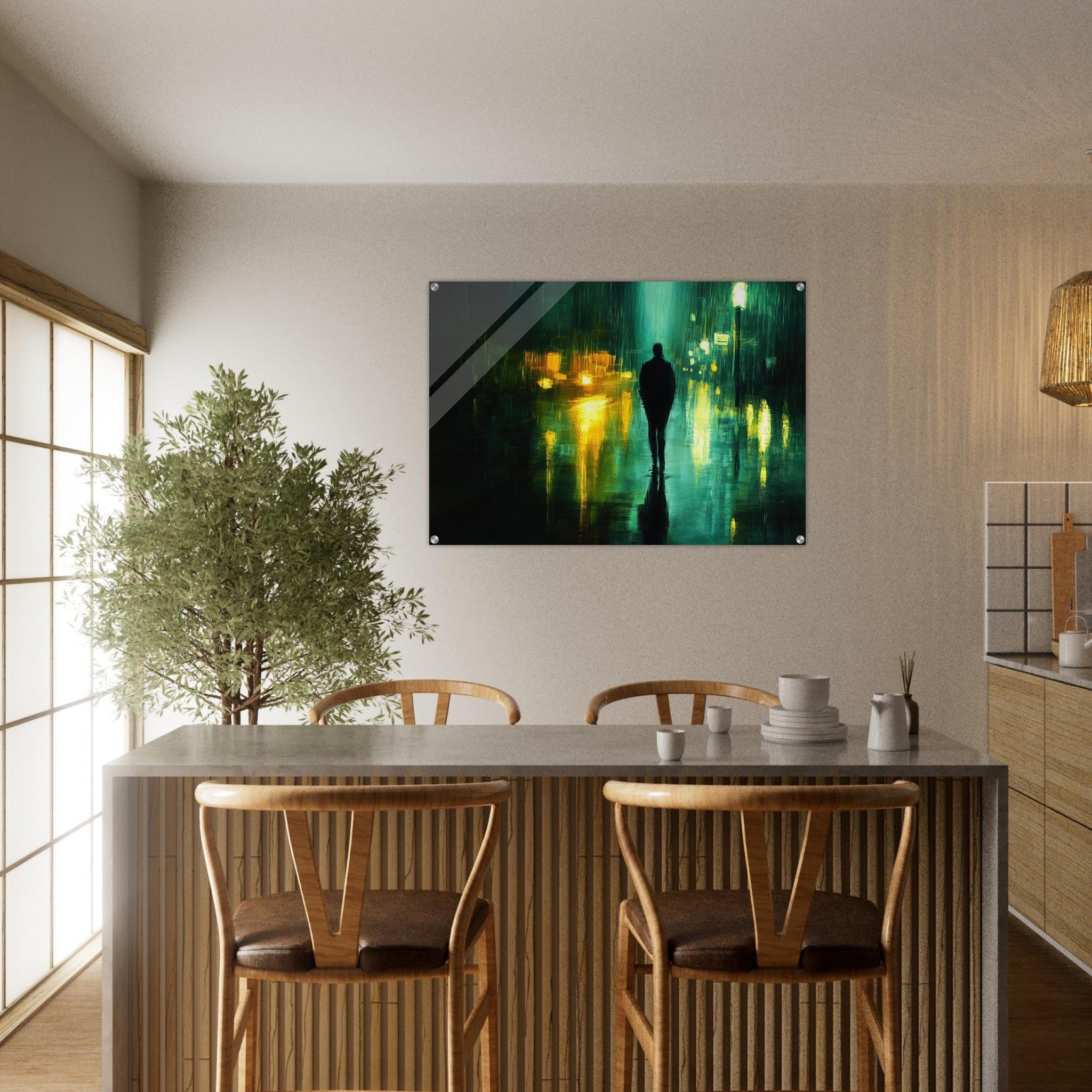 Acrylic Print Landscape - A man walks alone in the pouring rain his figure - Ai Art Force