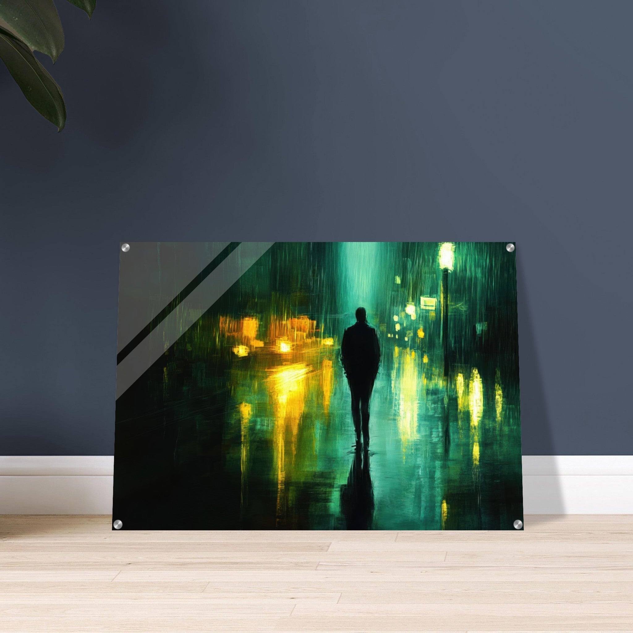 Acrylic Print Landscape - A man walks alone in the pouring rain his figure - Ai Art Force