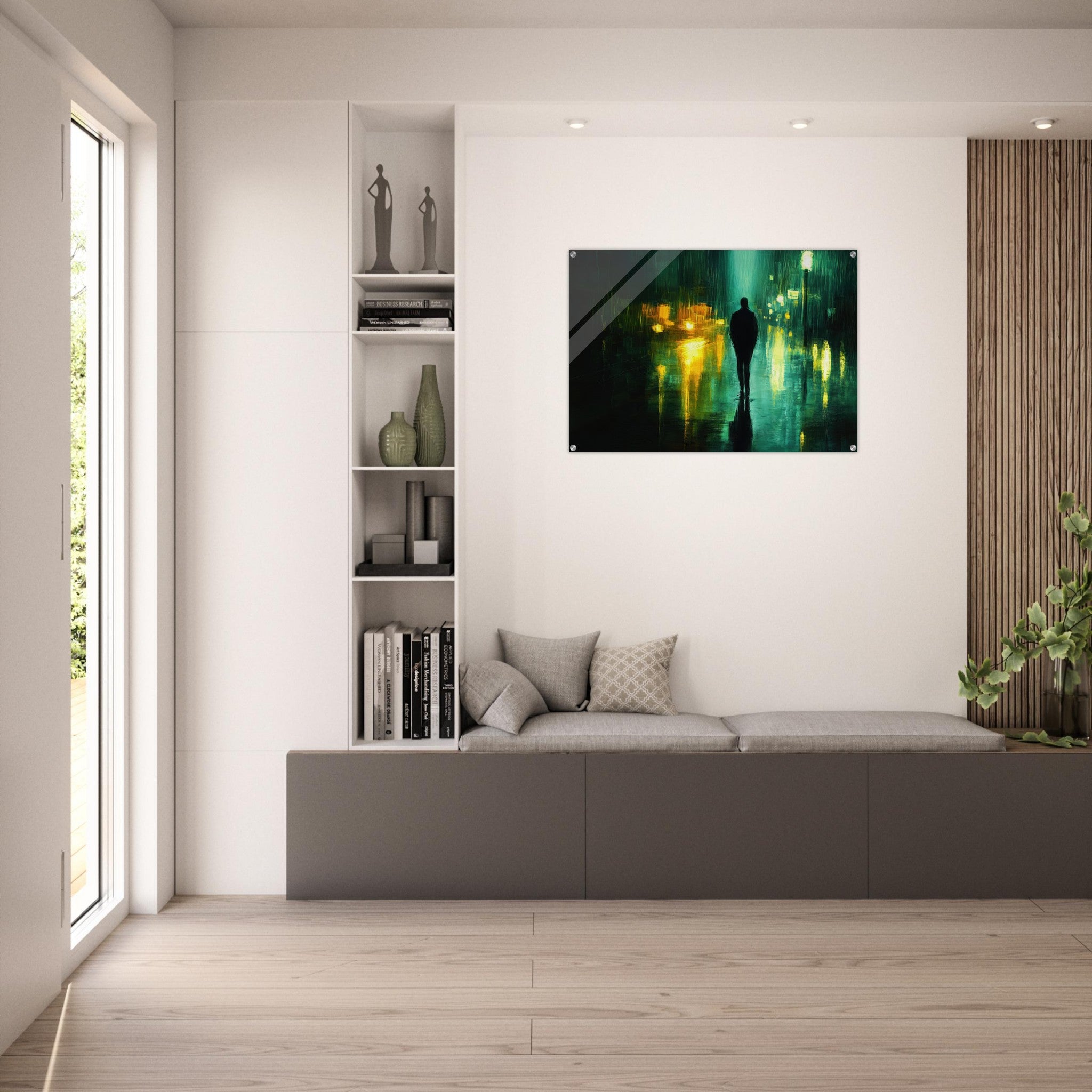 Acrylic Print Landscape - A man walks alone in the pouring rain his figure - Ai Art Force