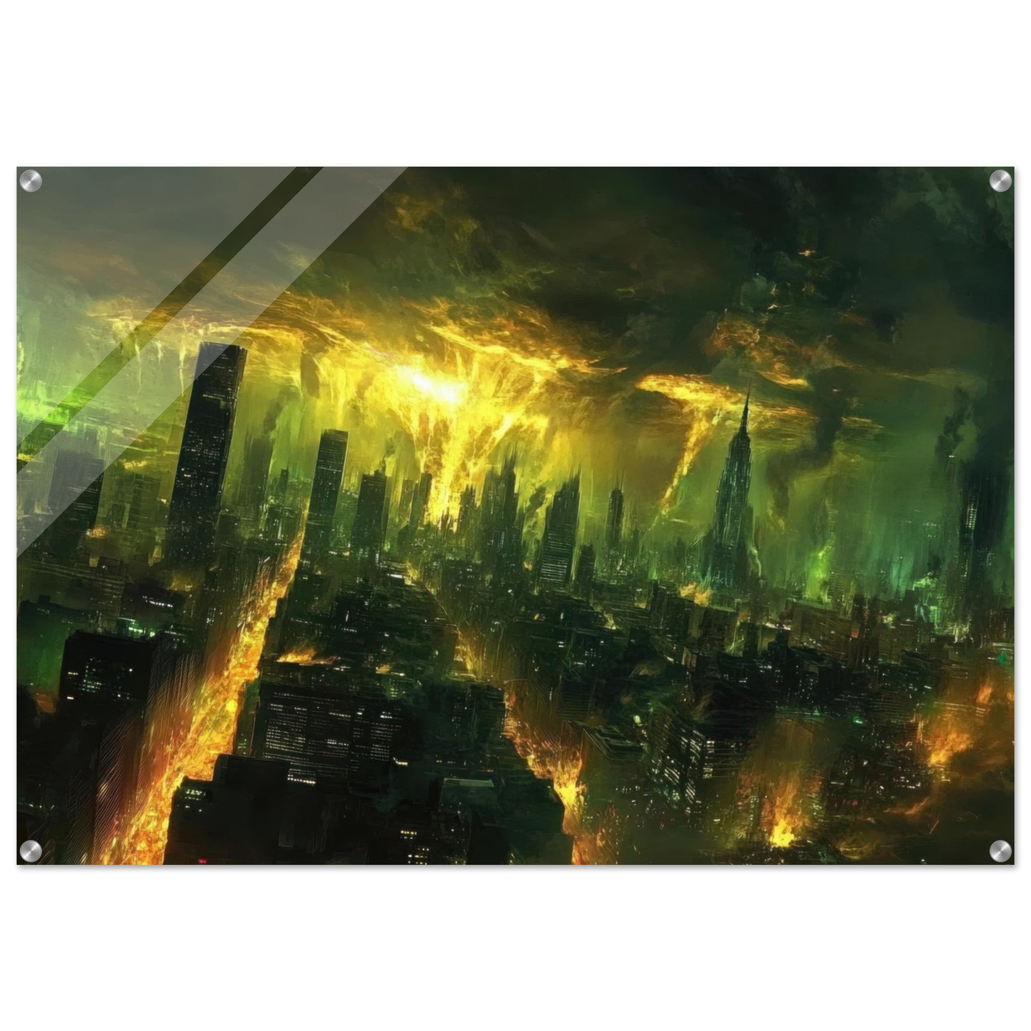 Acrylic Print Landscape - A sprawling city skyline but every building bend - Shop Ai Art WebShop - Digital Art online Store