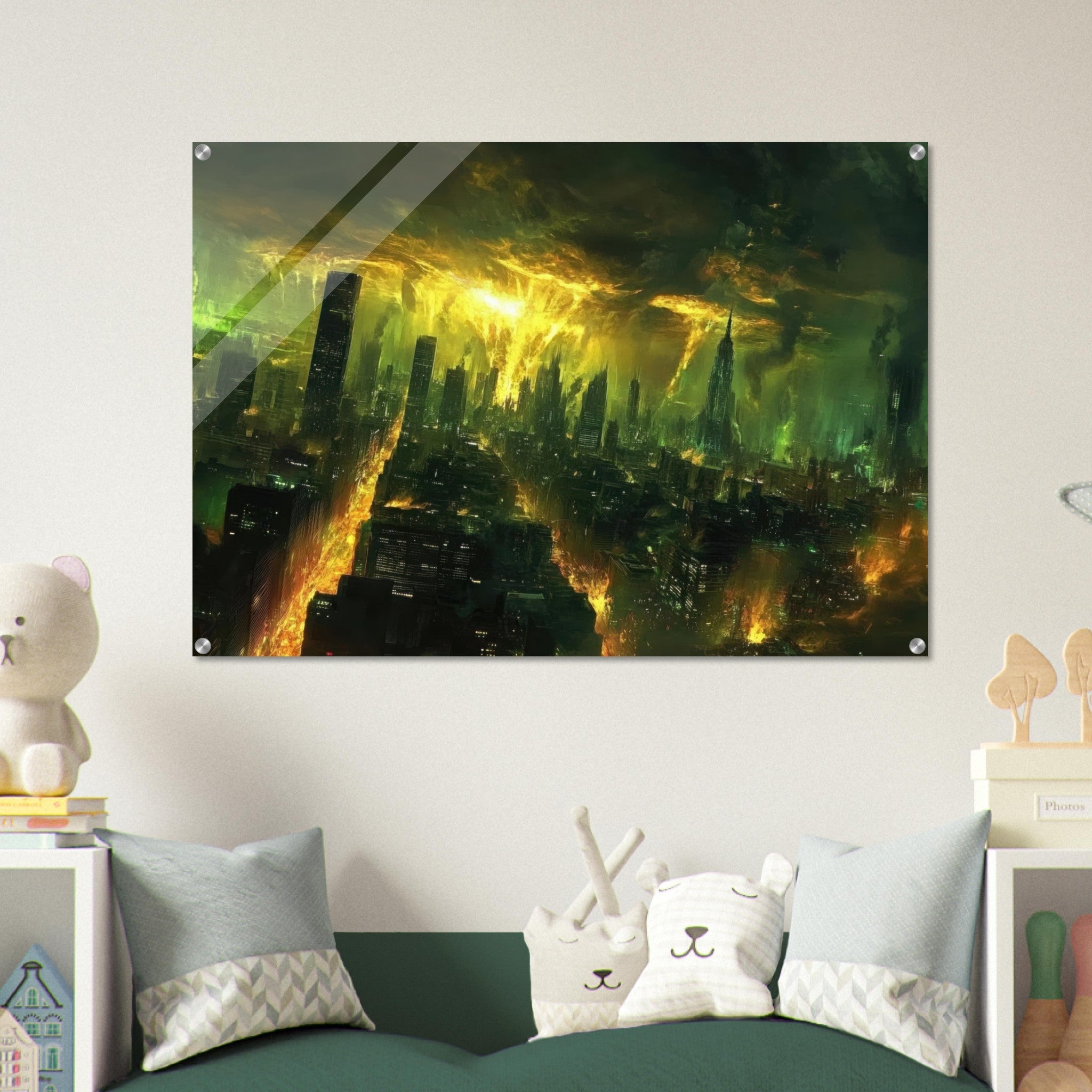 Acrylic Print Landscape - A sprawling city skyline but every building bend - Shop Ai Art WebShop - Digital Art online Store
