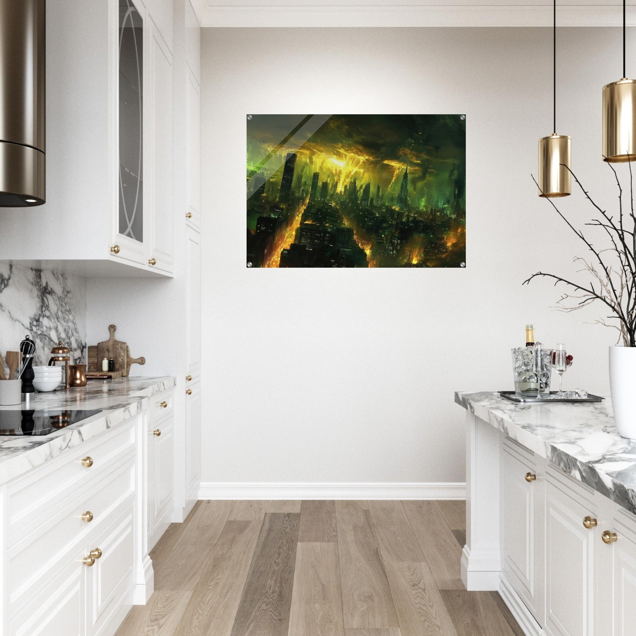 Acrylic Print Landscape - A sprawling city skyline but every building bend - Shop Ai Art WebShop - Digital Art online Store