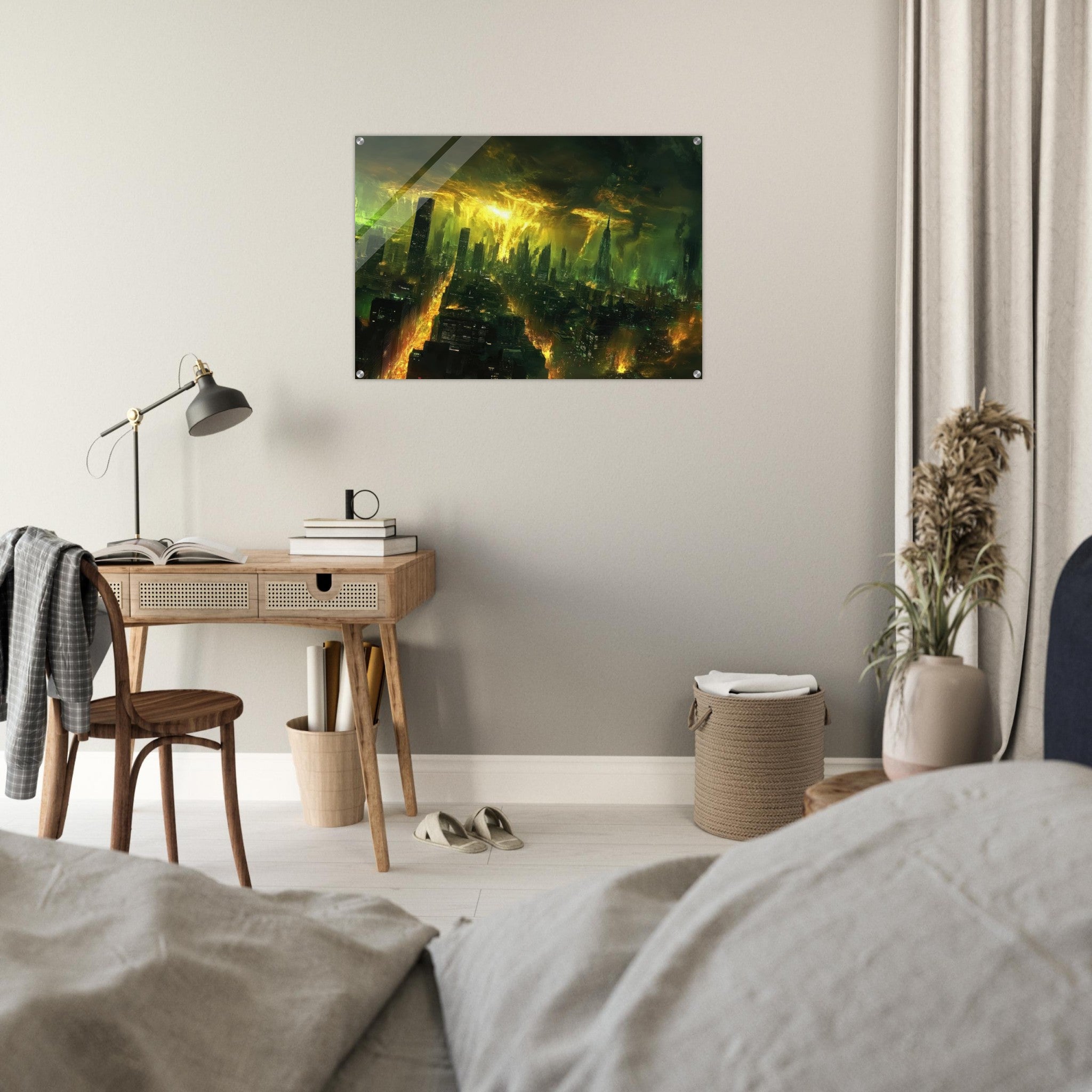 Acrylic Print Landscape - A sprawling city skyline but every building bend - Shop Ai Art WebShop - Digital Art online Store