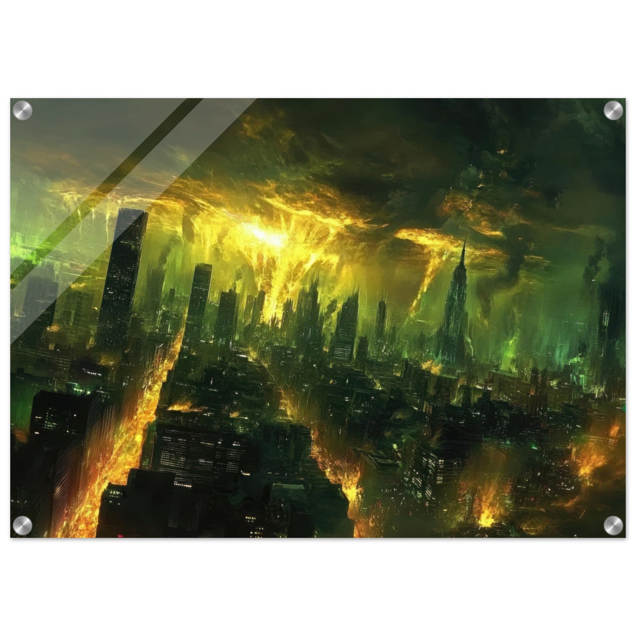 Acrylic Print Landscape - A sprawling city skyline but every building bend - Shop Ai Art WebShop - Digital Art online Store