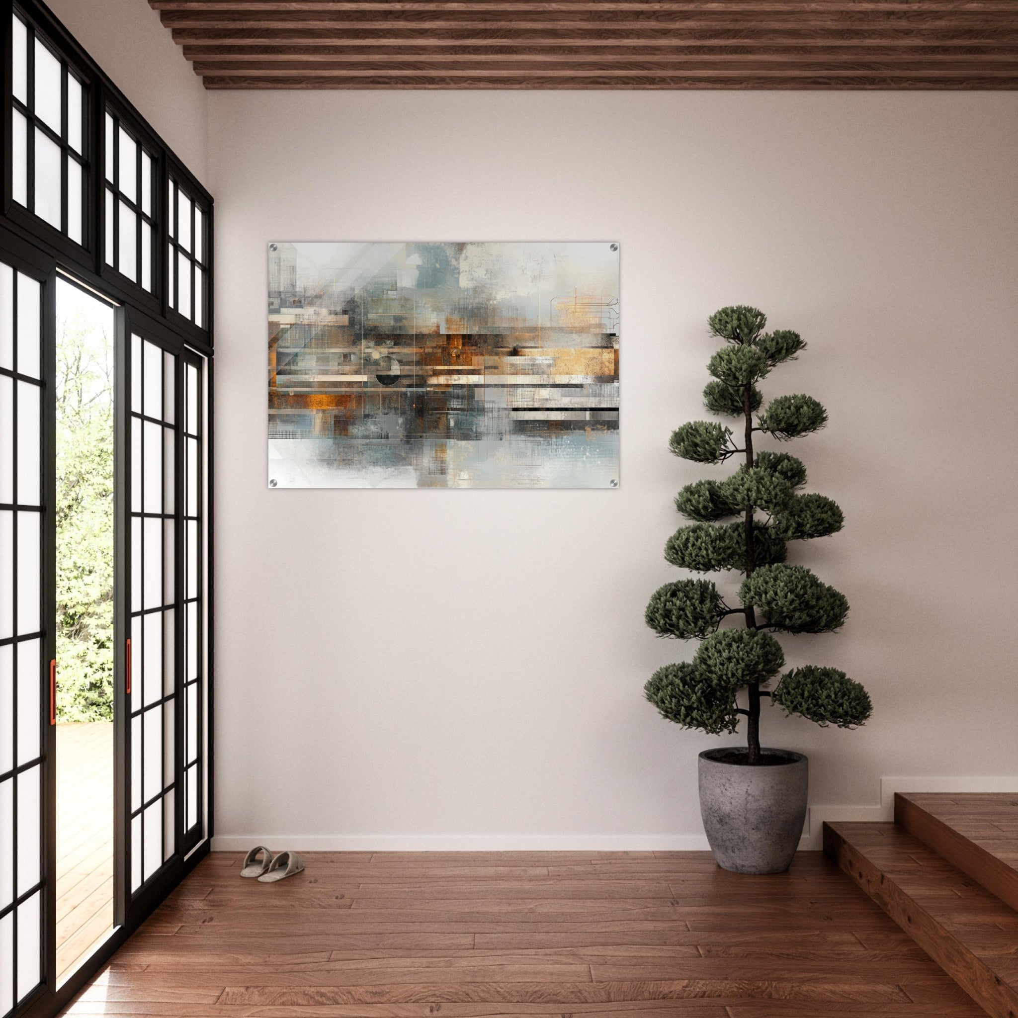 Acrylic Print Landscape - Mechanical Mirage Interlocking metallic structure 2 - Shop Ai Art WebShop - Digital Art online Store