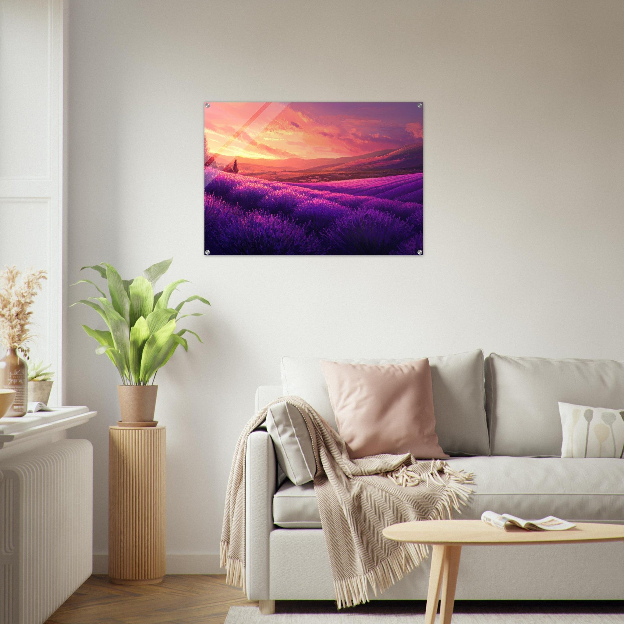 Acrylic Print Landscape - Rolling lavender fields under a pink - hued sunset 2 - Shop Ai Art WebShop - Digital Art online Store