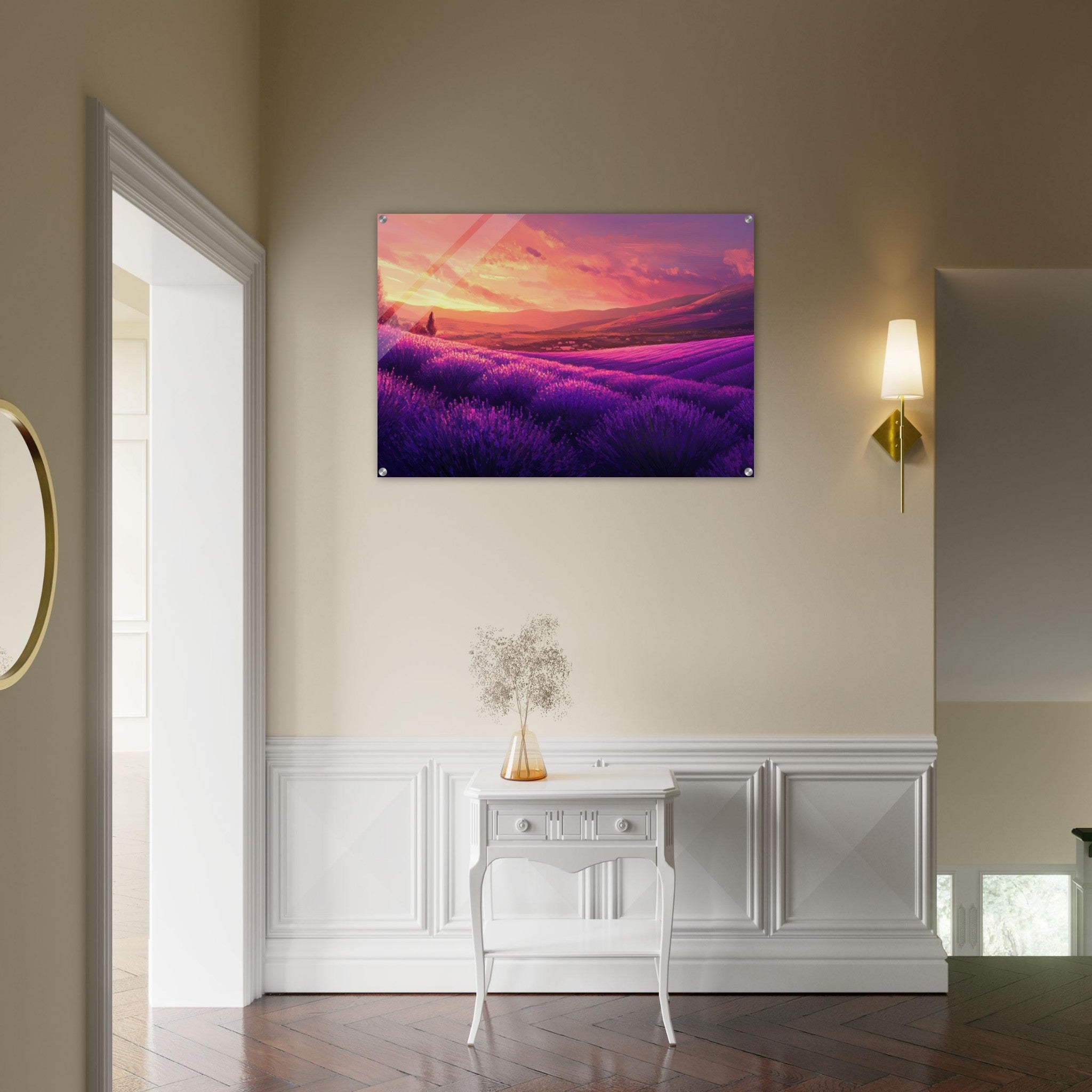 Acrylic Print Landscape - Rolling lavender fields under a pink - hued sunset 2 - Shop Ai Art WebShop - Digital Art online Store