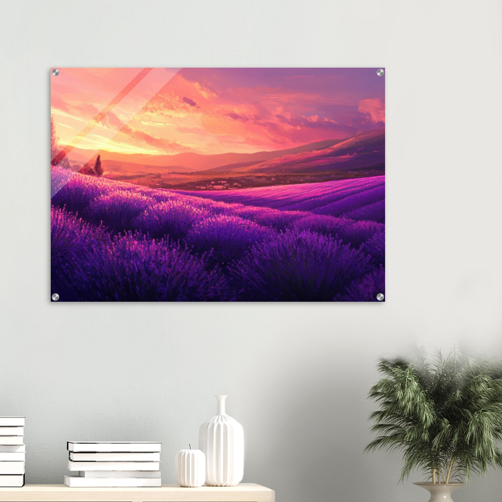 Acrylic Print Landscape - Rolling lavender fields under a pink - hued sunset 2 - Shop Ai Art WebShop - Digital Art online Store
