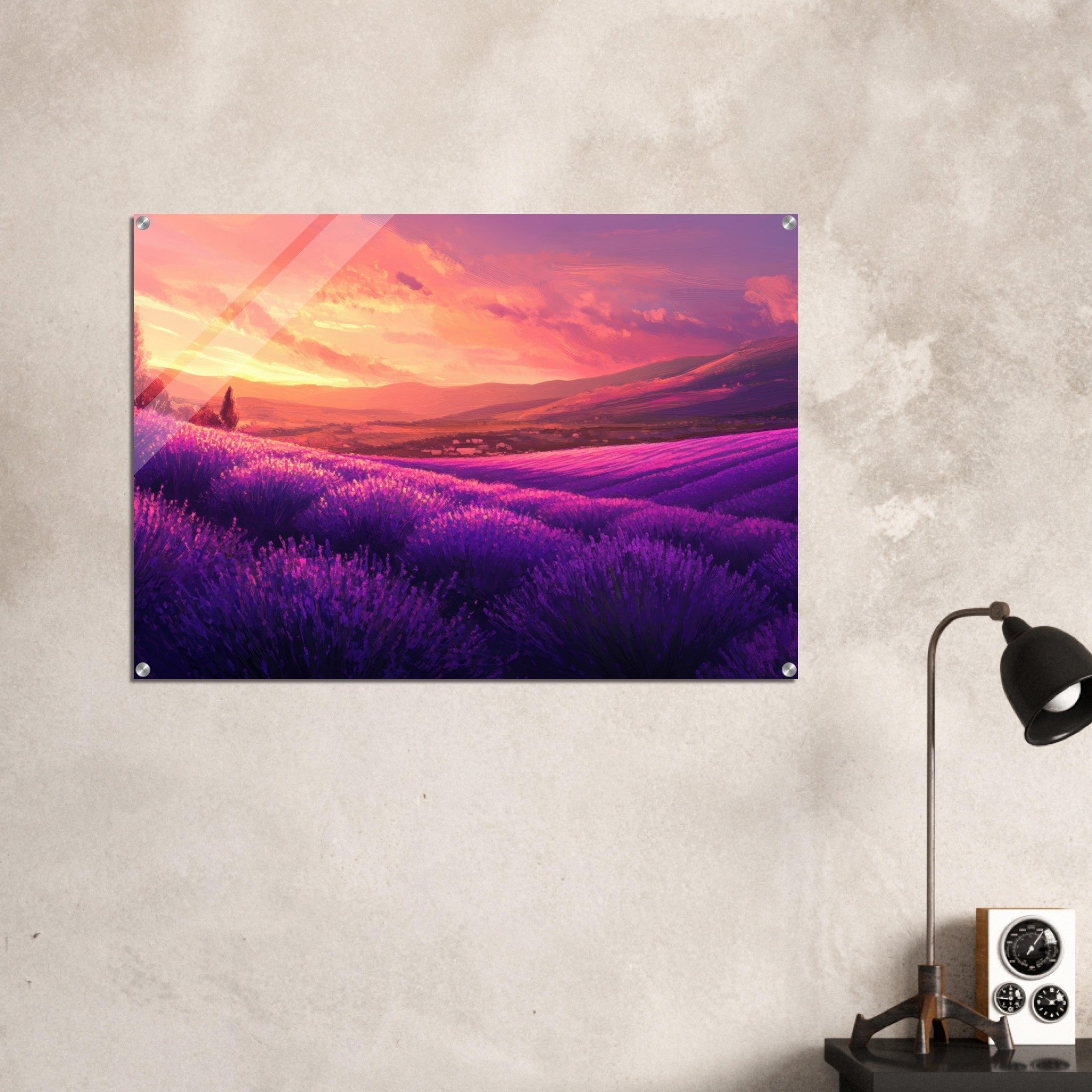 Acrylic Print Landscape - Rolling lavender fields under a pink - hued sunset 2 - Shop Ai Art WebShop - Digital Art online Store