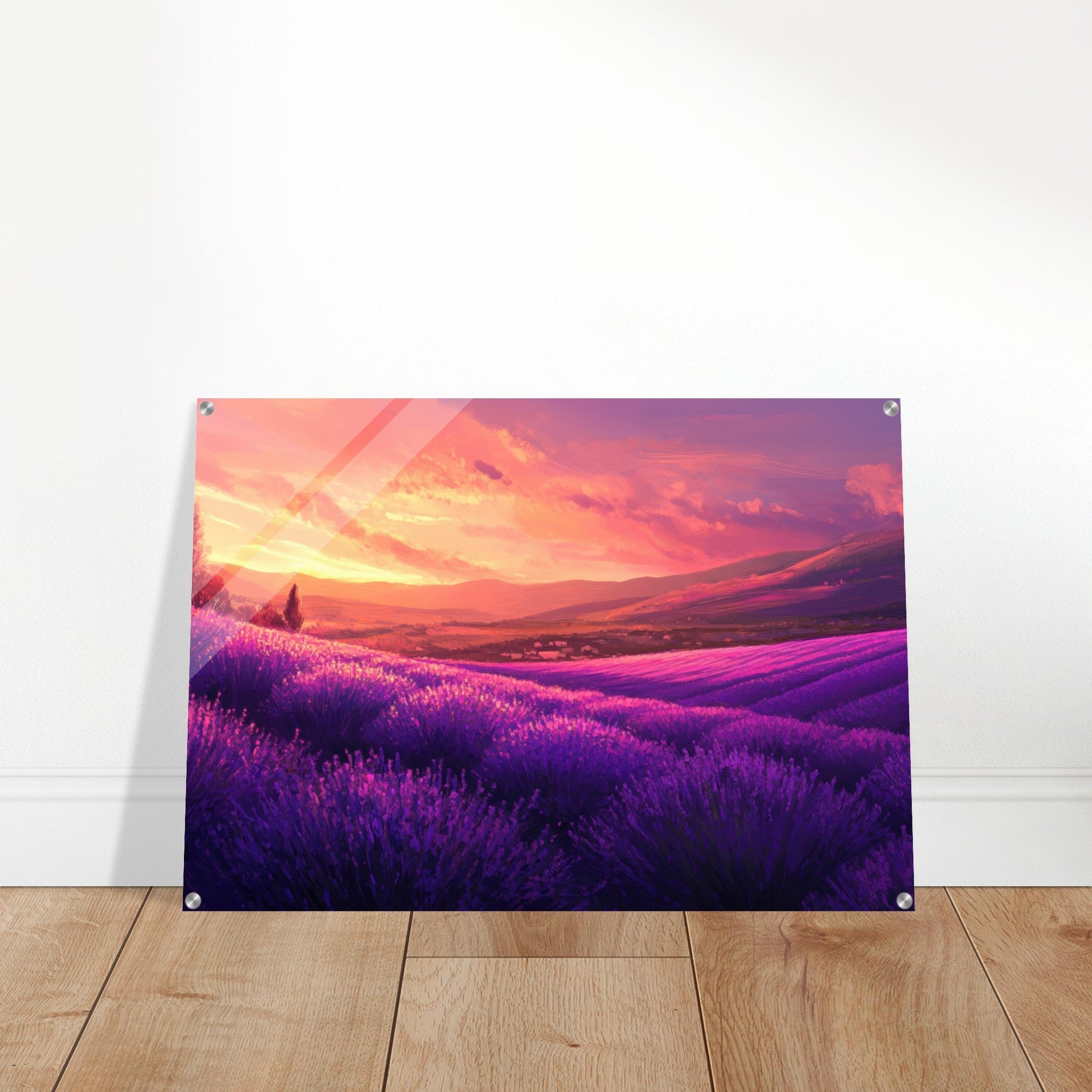 Acrylic Print Landscape - Rolling lavender fields under a pink - hued sunset 2 - Shop Ai Art WebShop - Digital Art online Store