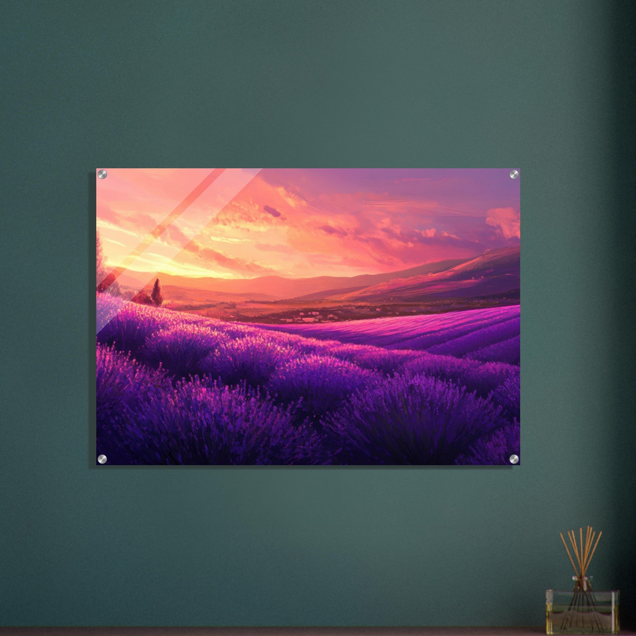 Acrylic Print Landscape - Rolling lavender fields under a pink - hued sunset 2 - Shop Ai Art WebShop - Digital Art online Store