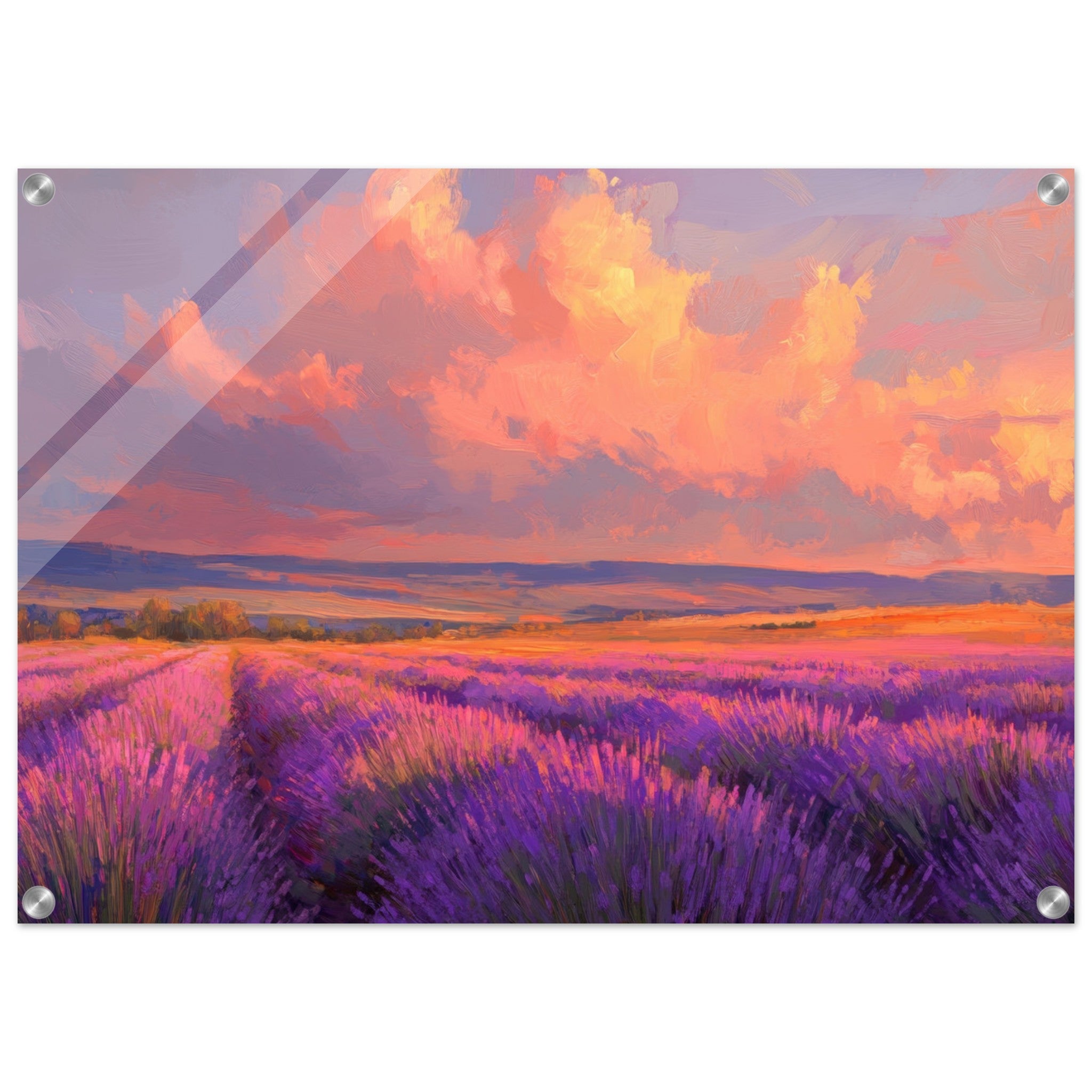 Acrylic Print Landscape - Rolling lavender fields under a pink - hued sunset - Shop Ai Art WebShop - Digital Art online Store