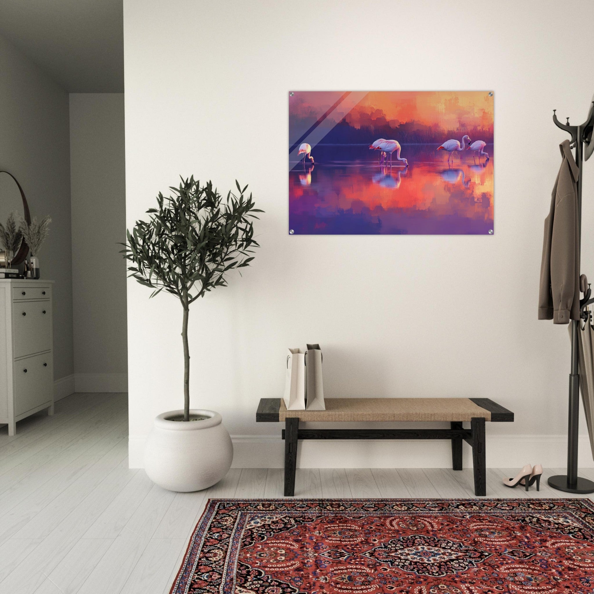 Acrylic Print Landscape - Surreal Flamingo Lake at Sunset Graceful flaming 2 - Shop Ai Art WebShop - Digital Art online Store