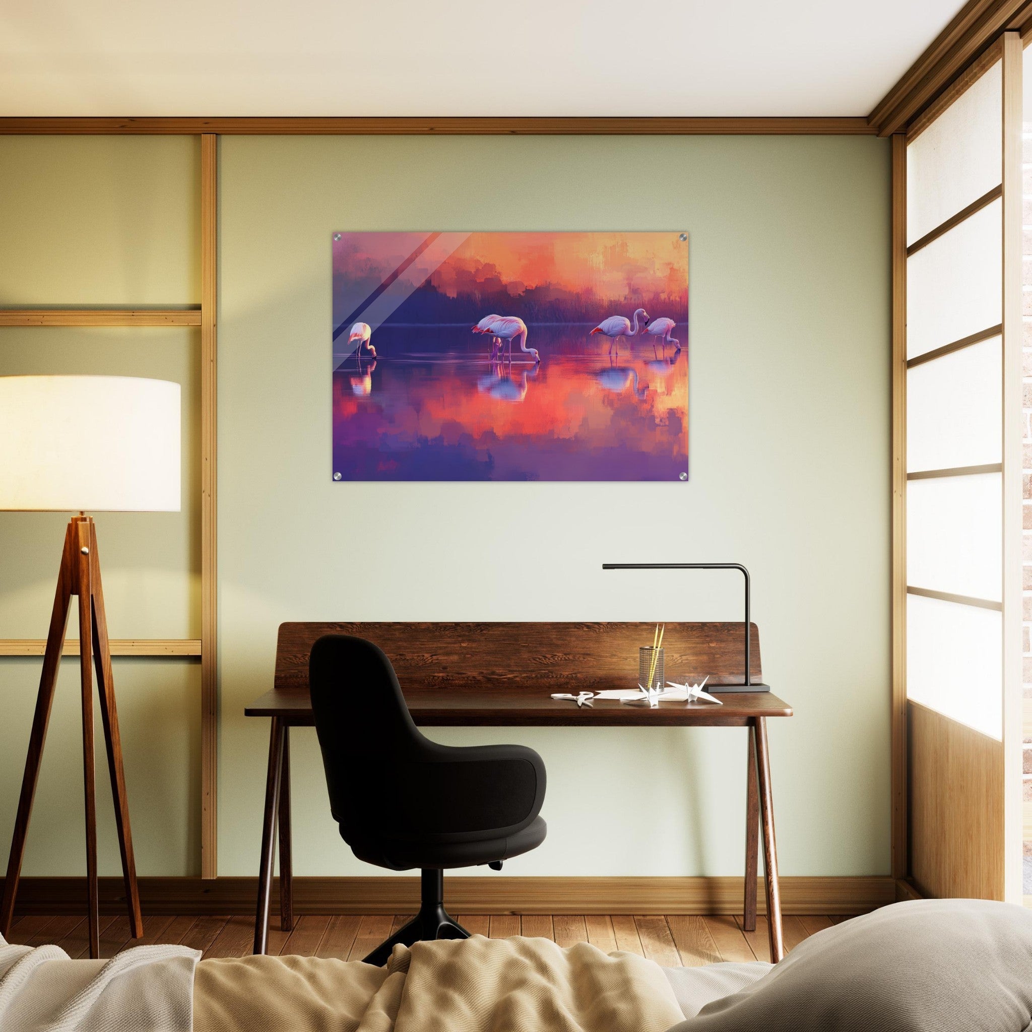Acrylic Print Landscape - Surreal Flamingo Lake at Sunset Graceful flaming 2 - Shop Ai Art WebShop - Digital Art online Store