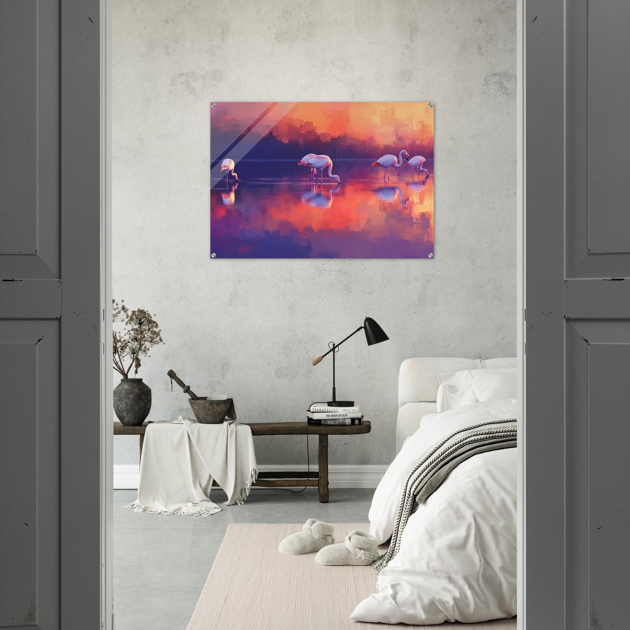 Acrylic Print Landscape - Surreal Flamingo Lake at Sunset Graceful flaming 2 - Shop Ai Art WebShop - Digital Art online Store