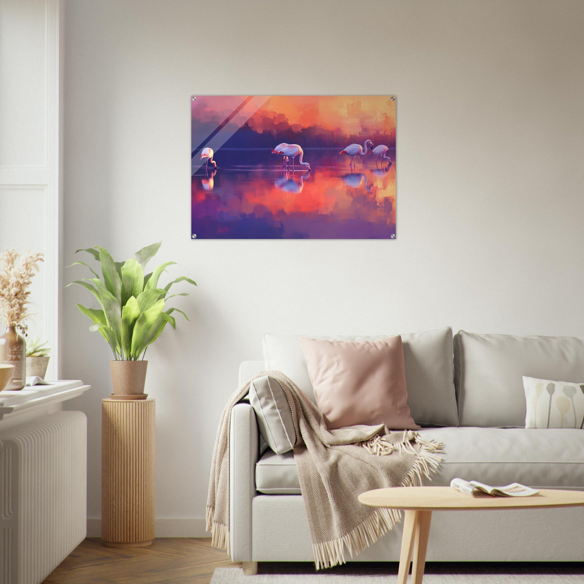 Acrylic Print Landscape - Surreal Flamingo Lake at Sunset Graceful flaming 2 - Shop Ai Art WebShop - Digital Art online Store