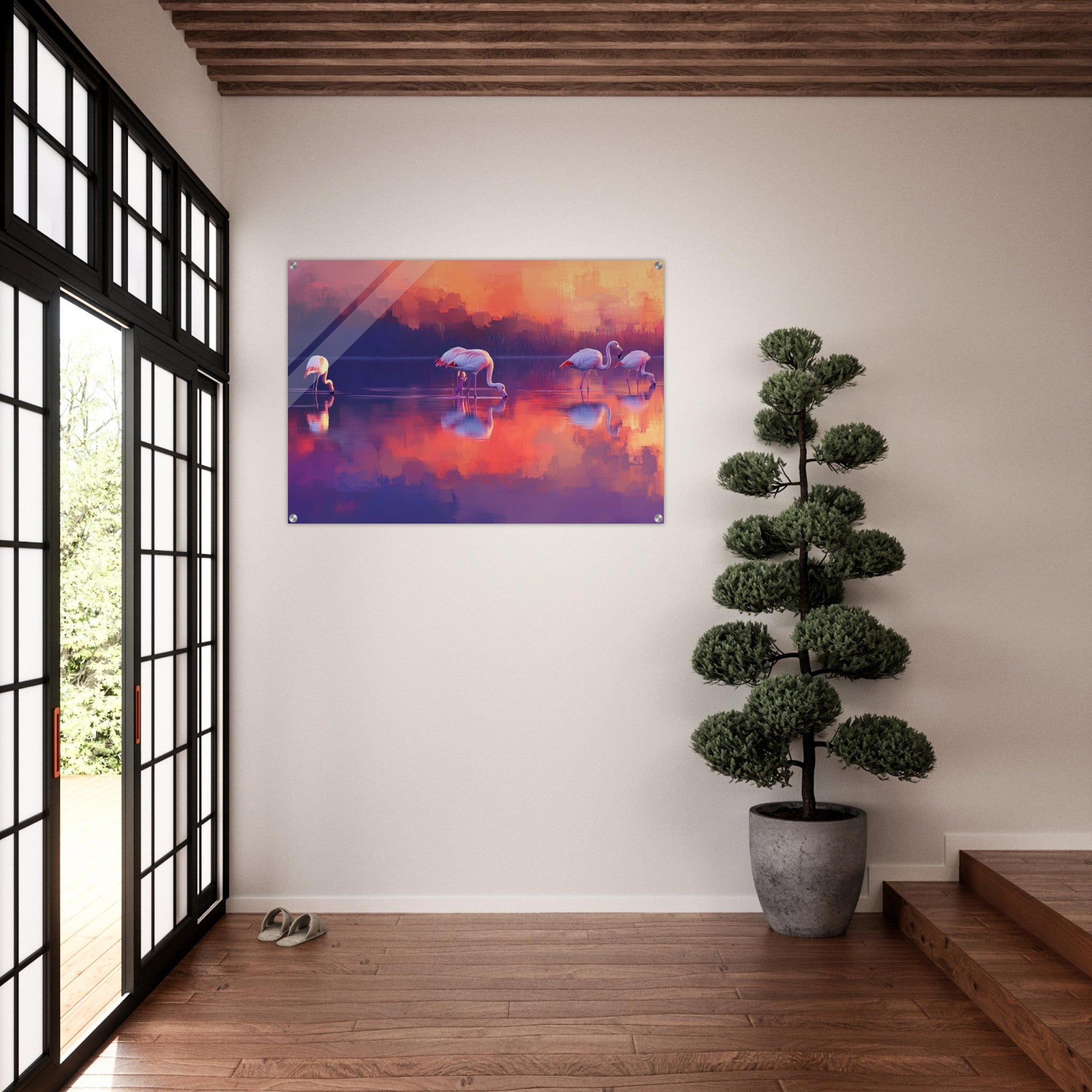 Acrylic Print Landscape - Surreal Flamingo Lake at Sunset Graceful flaming 2 - Shop Ai Art WebShop - Digital Art online Store