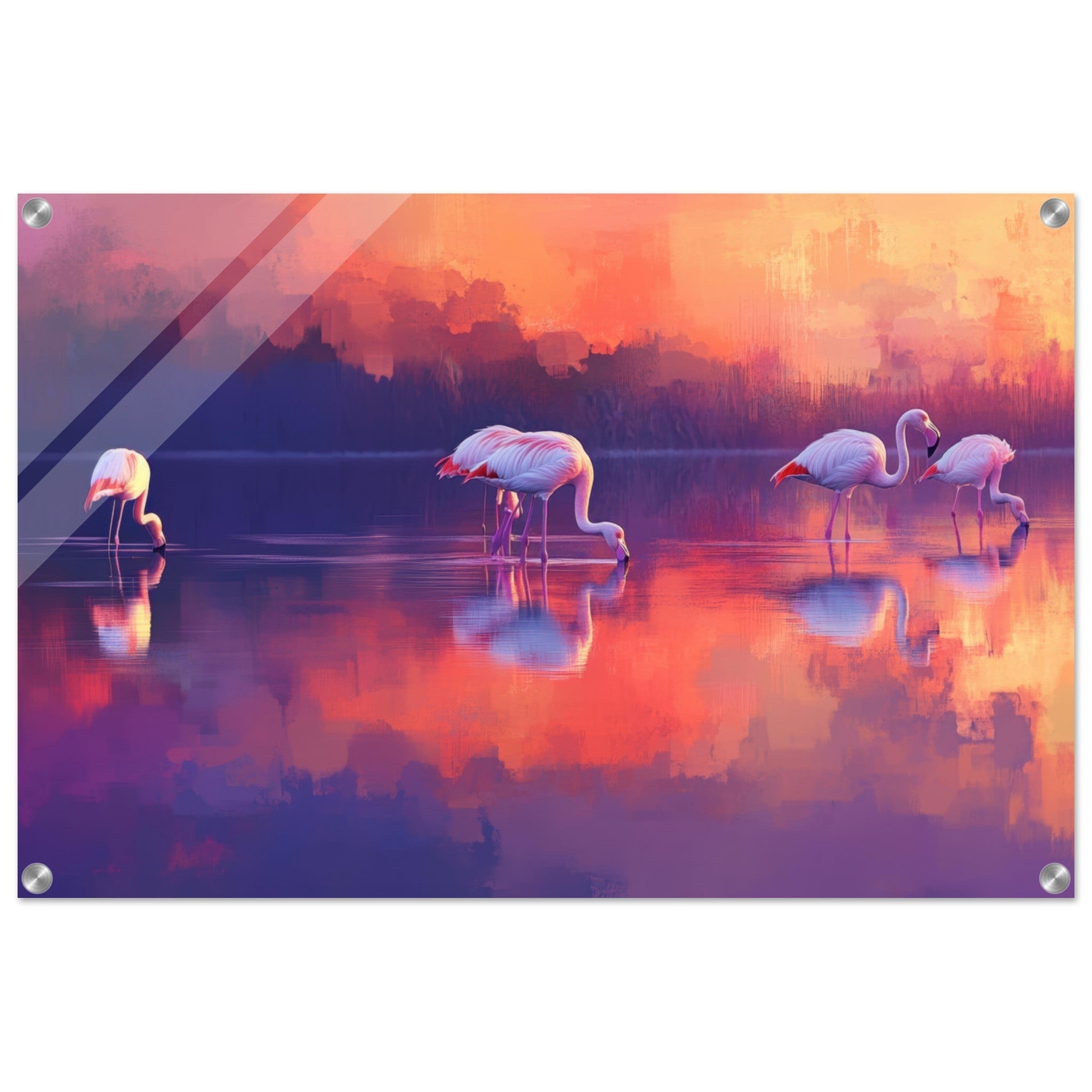 Acrylic Print Landscape - Surreal Flamingo Lake at Sunset Graceful flaming 2 - Shop Ai Art WebShop - Digital Art online Store