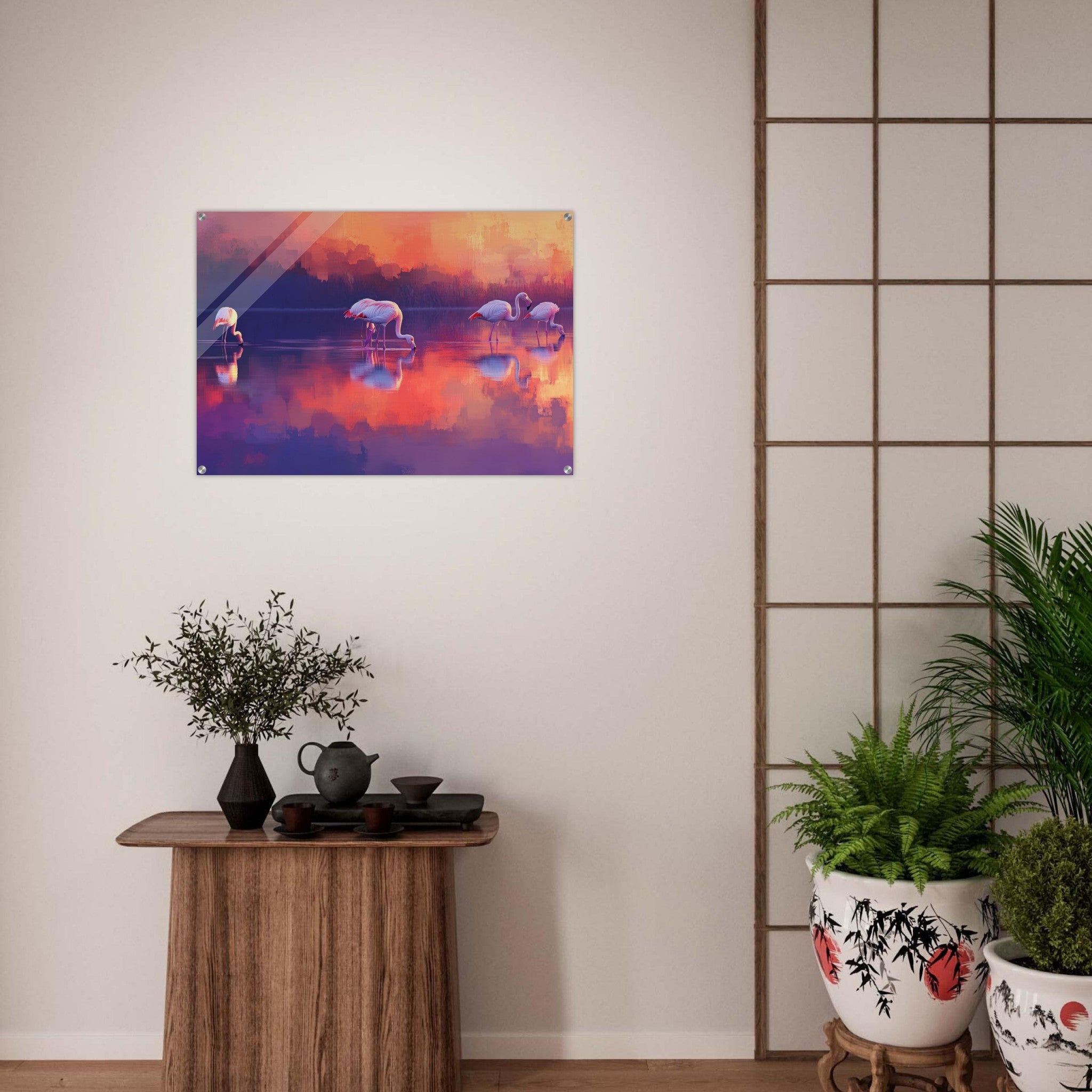 Acrylic Print Landscape - Surreal Flamingo Lake at Sunset Graceful flaming 2 - Shop Ai Art WebShop - Digital Art online Store