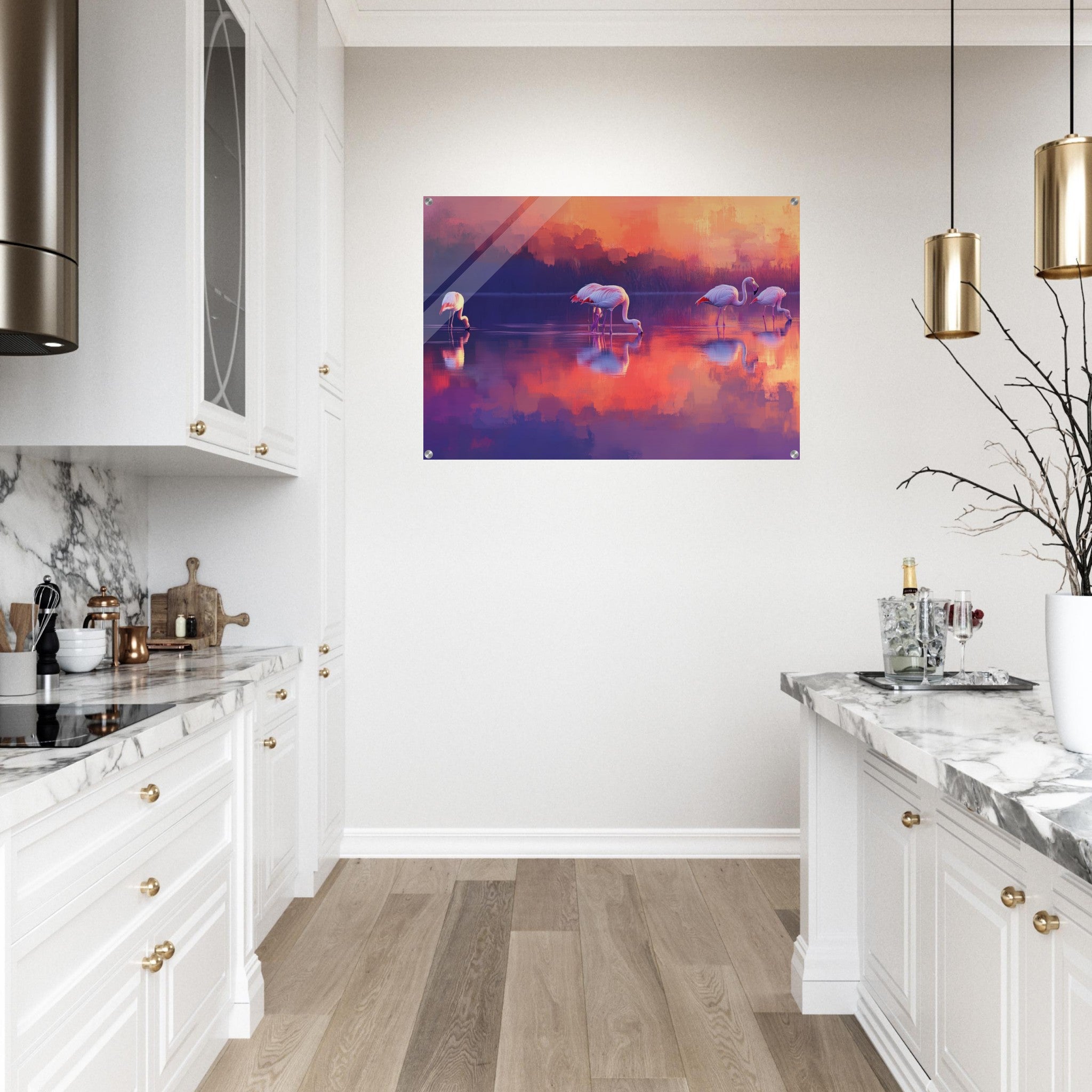 Acrylic Print Landscape - Surreal Flamingo Lake at Sunset Graceful flaming 2 - Shop Ai Art WebShop - Digital Art online Store