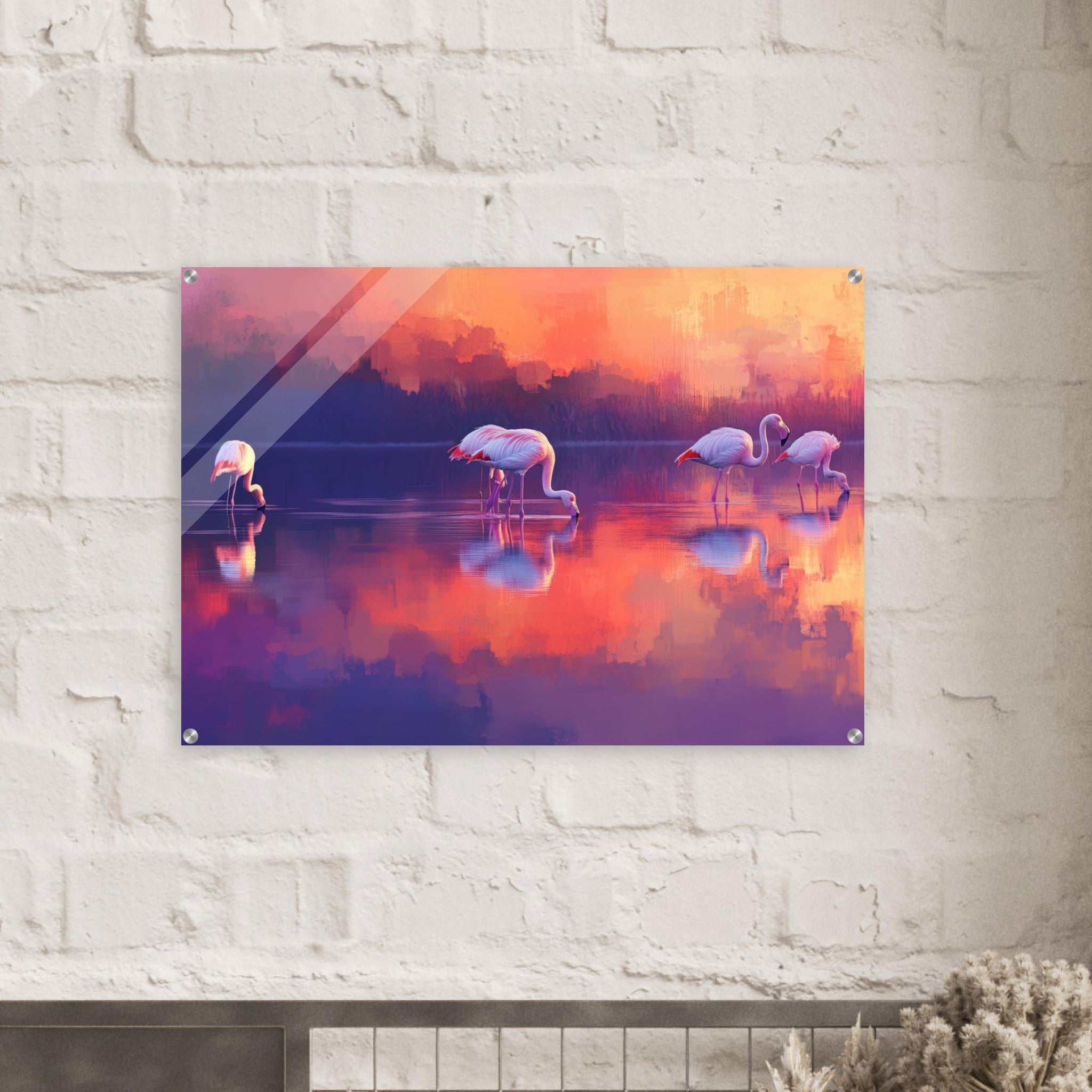 Acrylic Print Landscape - Surreal Flamingo Lake at Sunset Graceful flaming 2 - Shop Ai Art WebShop - Digital Art online Store