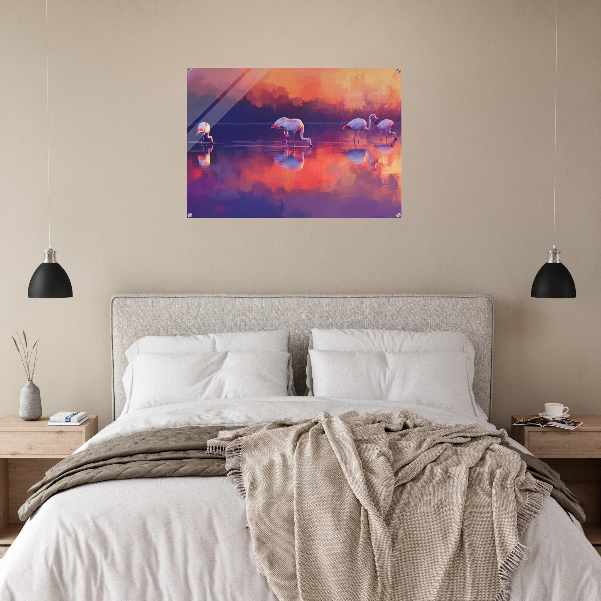 Acrylic Print Landscape - Surreal Flamingo Lake at Sunset Graceful flaming 2 - Shop Ai Art WebShop - Digital Art online Store