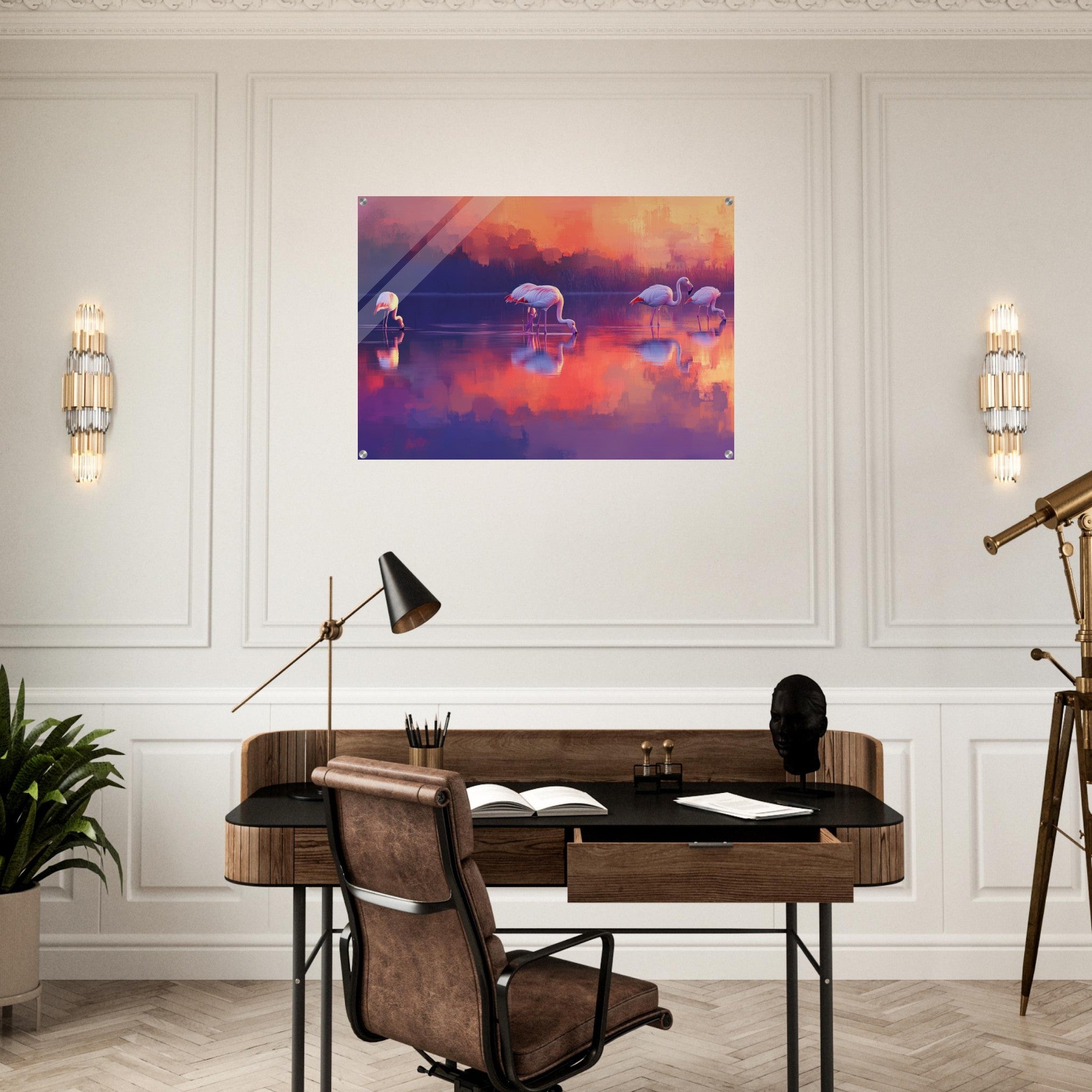 Acrylic Print Landscape - Surreal Flamingo Lake at Sunset Graceful flaming 2 - Shop Ai Art WebShop - Digital Art online Store