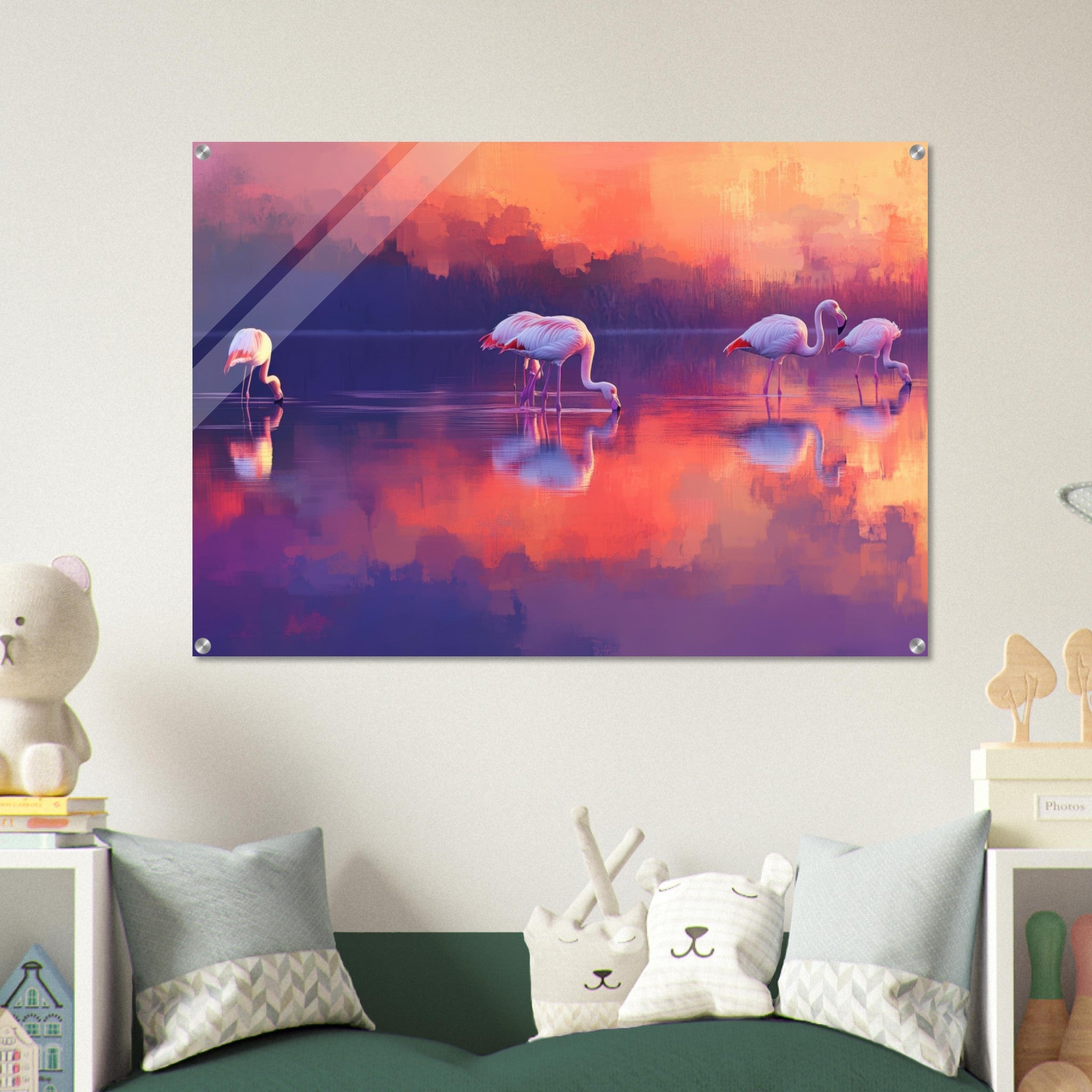 Acrylic Print Landscape - Surreal Flamingo Lake at Sunset Graceful flaming 2 - Shop Ai Art WebShop - Digital Art online Store