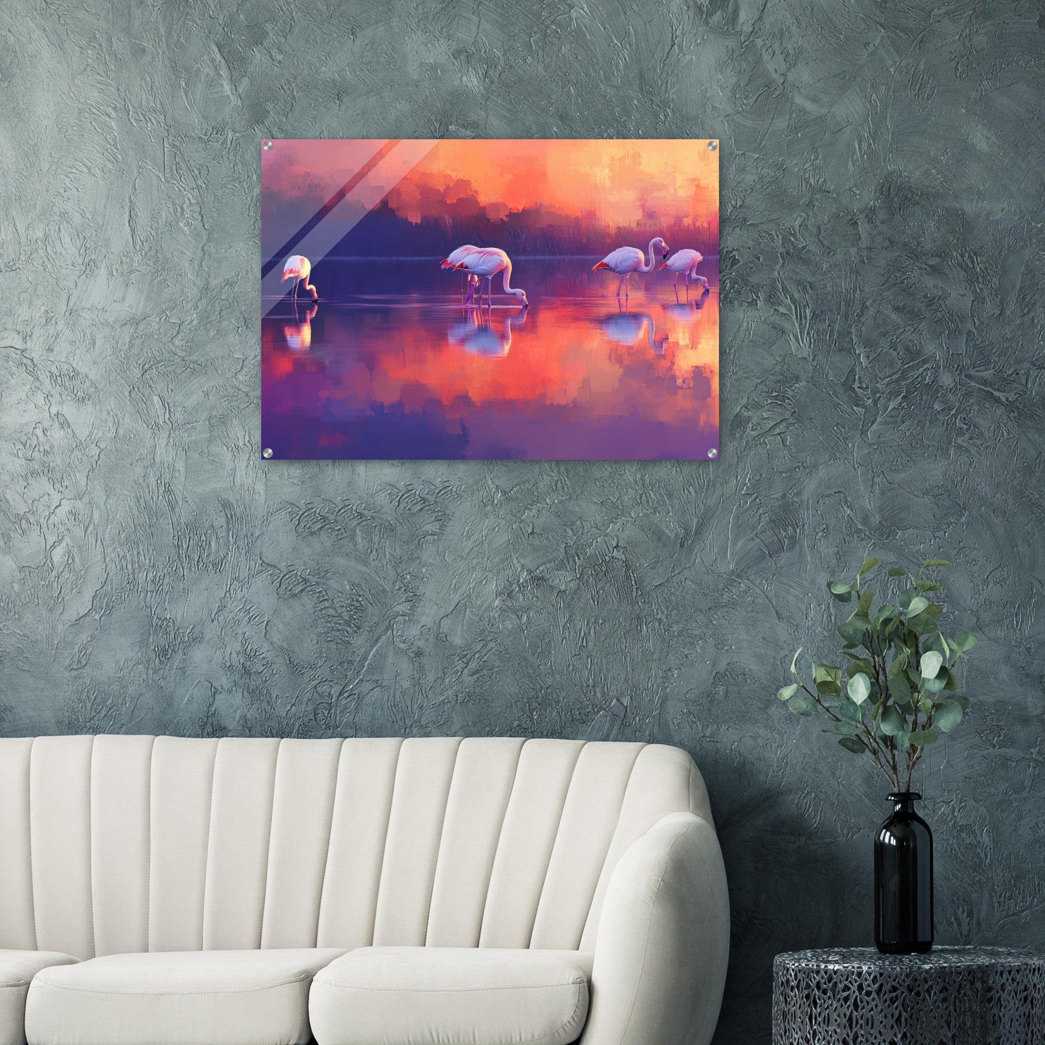 Acrylic Print Landscape - Surreal Flamingo Lake at Sunset Graceful flaming 2 - Shop Ai Art WebShop - Digital Art online Store