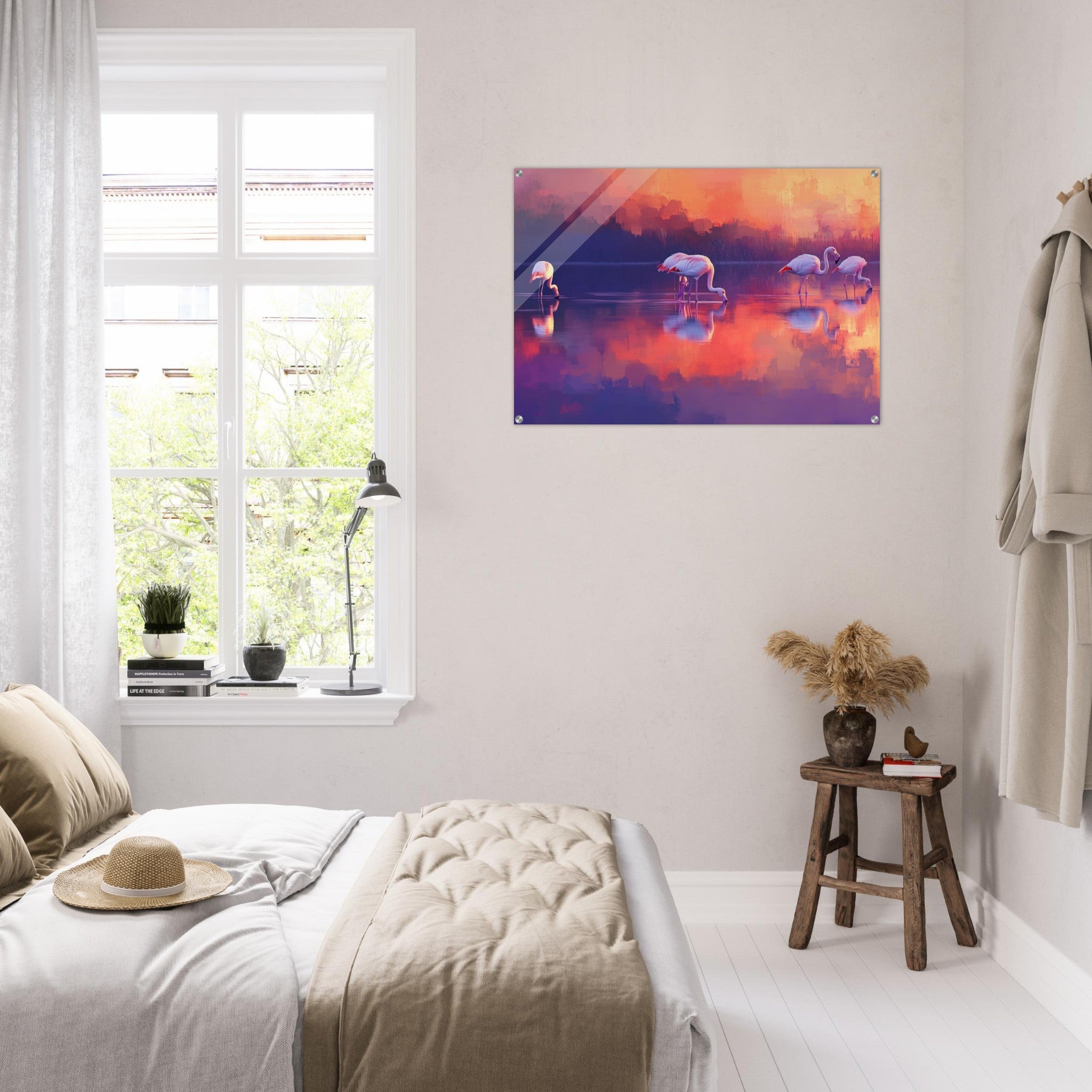 Acrylic Print Landscape - Surreal Flamingo Lake at Sunset Graceful flaming 2 - Shop Ai Art WebShop - Digital Art online Store