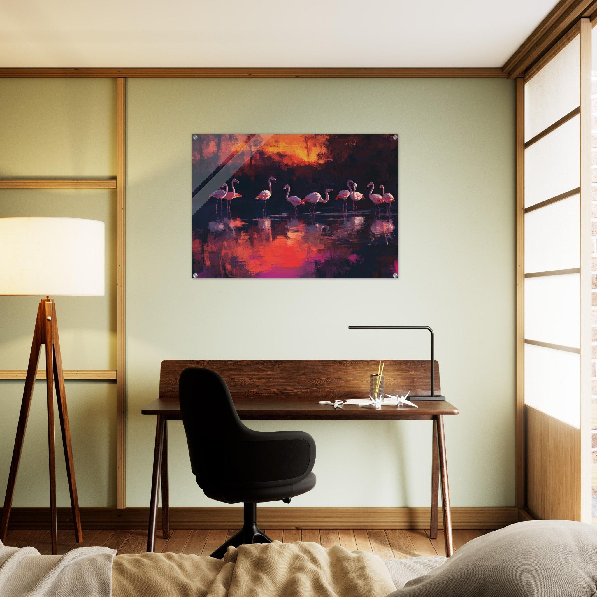 Acrylic Print Landscape - Surreal Flamingo Lake at Sunset Graceful flaming - Shop Ai Art WebShop - Digital Art online Store