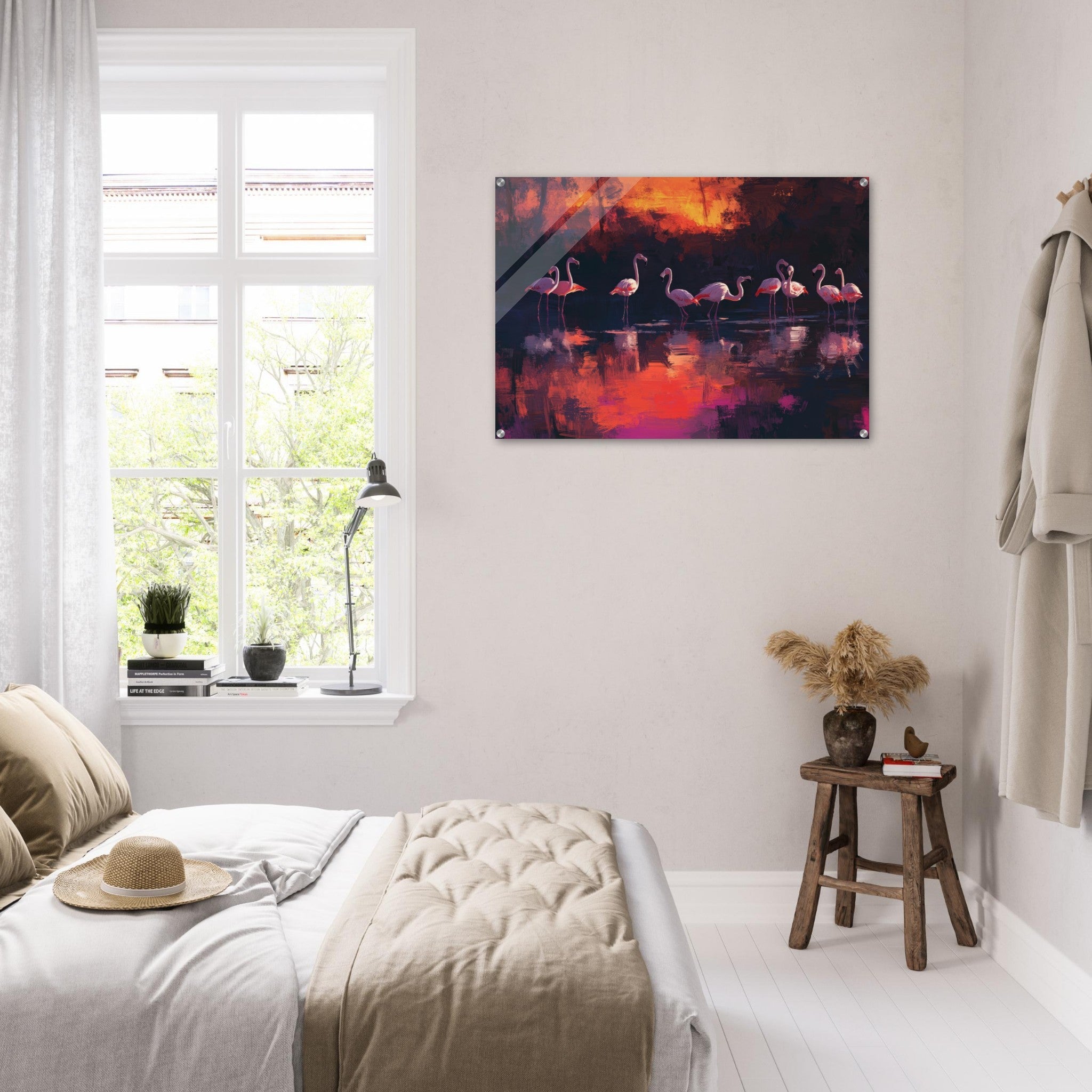 Acrylic Print Landscape - Surreal Flamingo Lake at Sunset Graceful flaming - Shop Ai Art WebShop - Digital Art online Store