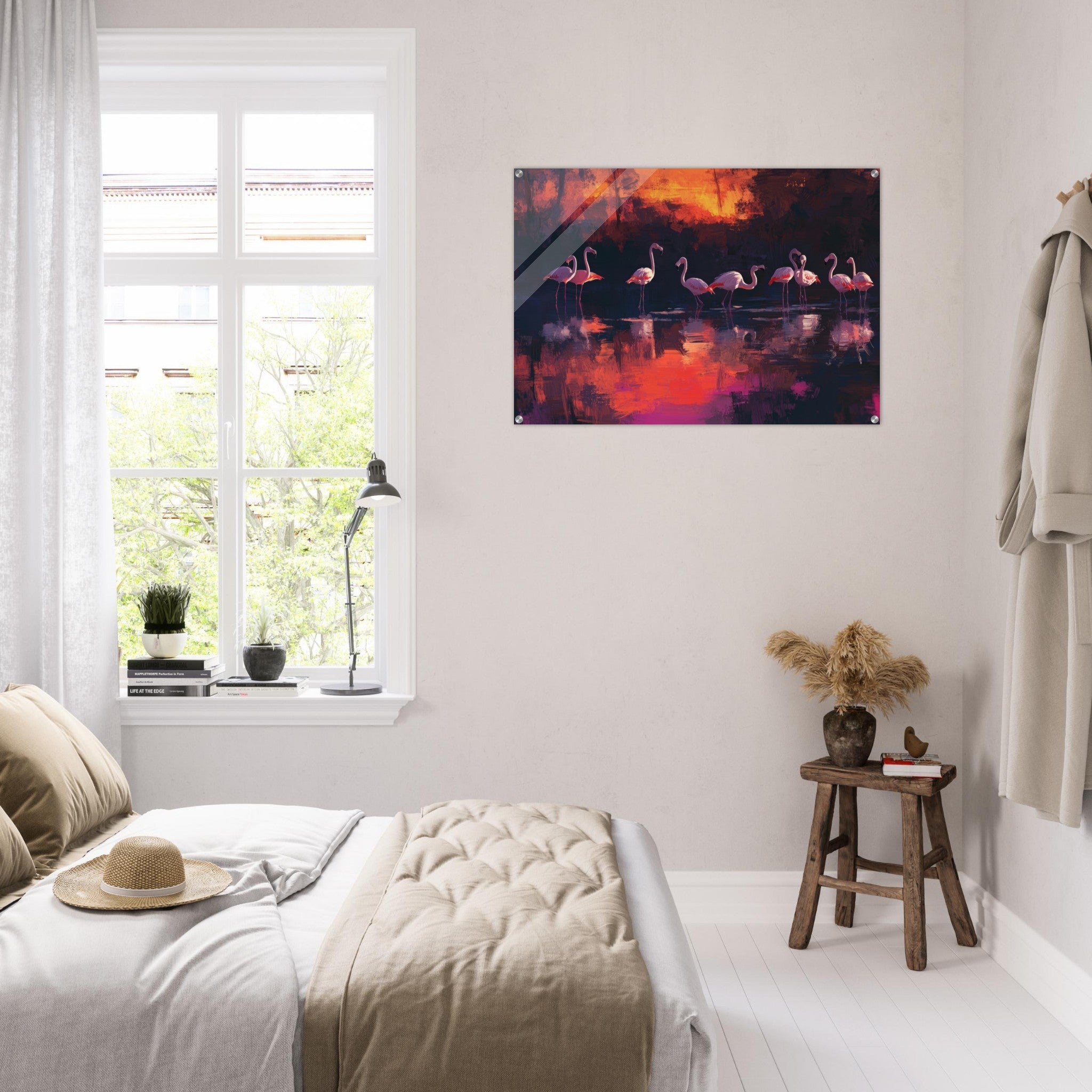 Acrylic Print Landscape - Surreal Flamingo Lake at Sunset Graceful flaming - Shop Ai Art WebShop - Digital Art online Store