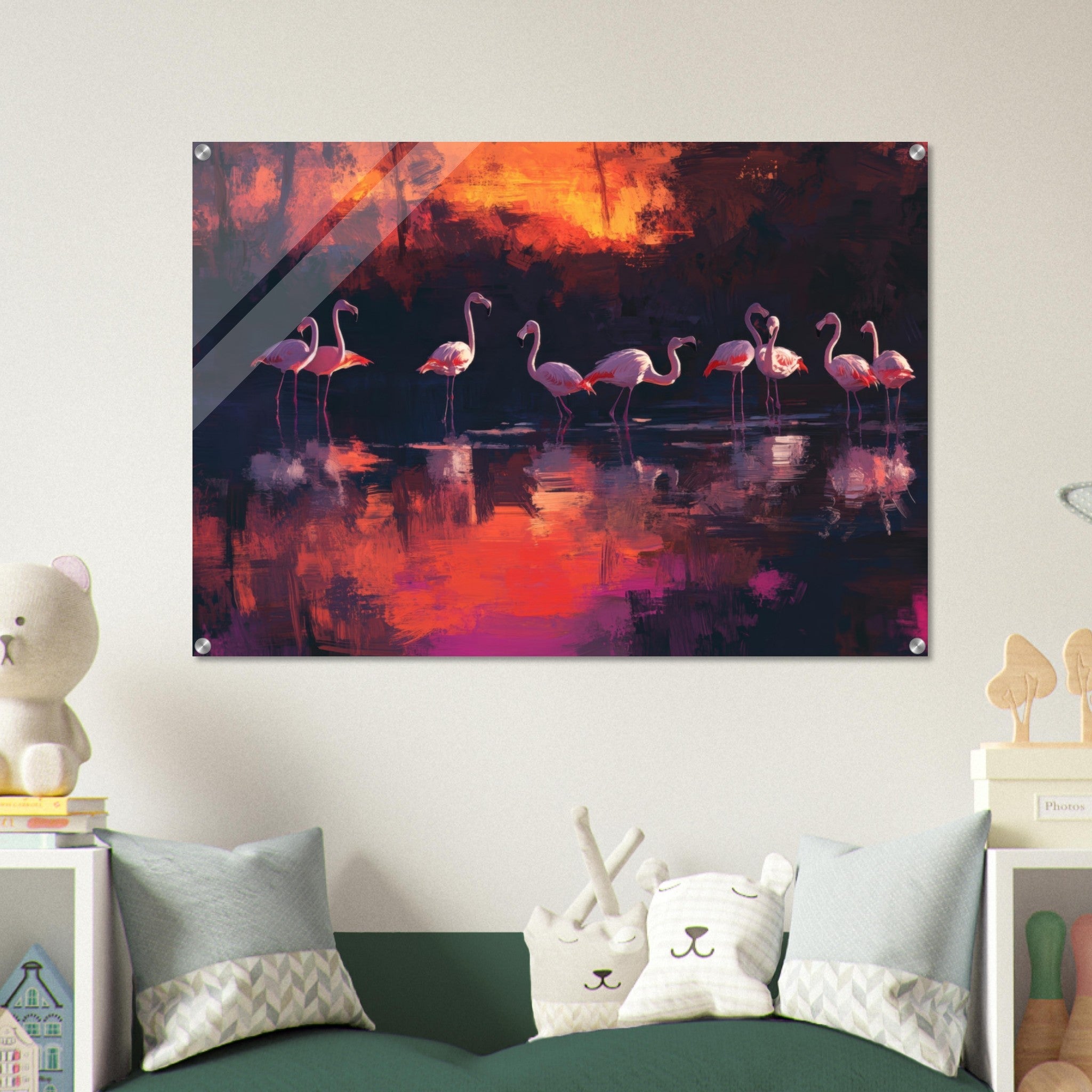 Acrylic Print Landscape - Surreal Flamingo Lake at Sunset Graceful flaming - Shop Ai Art WebShop - Digital Art online Store