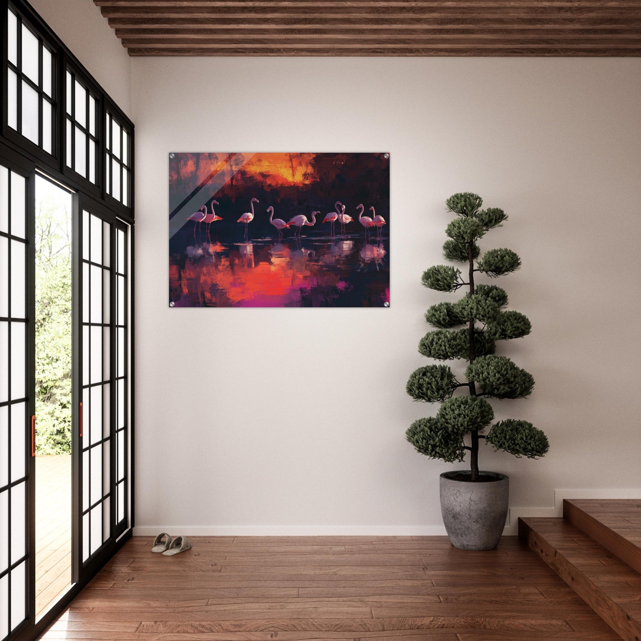 Acrylic Print Landscape - Surreal Flamingo Lake at Sunset Graceful flaming - Shop Ai Art WebShop - Digital Art online Store