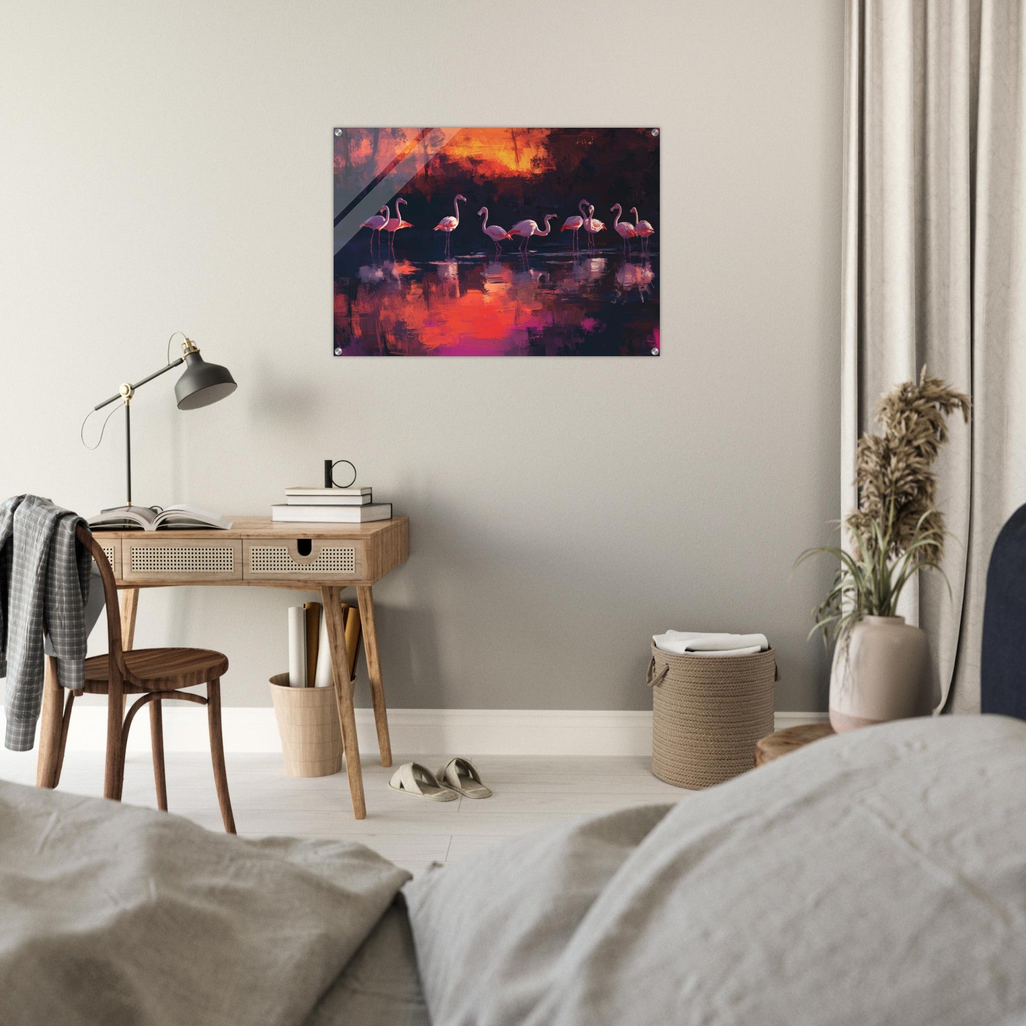 Acrylic Print Landscape - Surreal Flamingo Lake at Sunset Graceful flaming - Shop Ai Art WebShop - Digital Art online Store