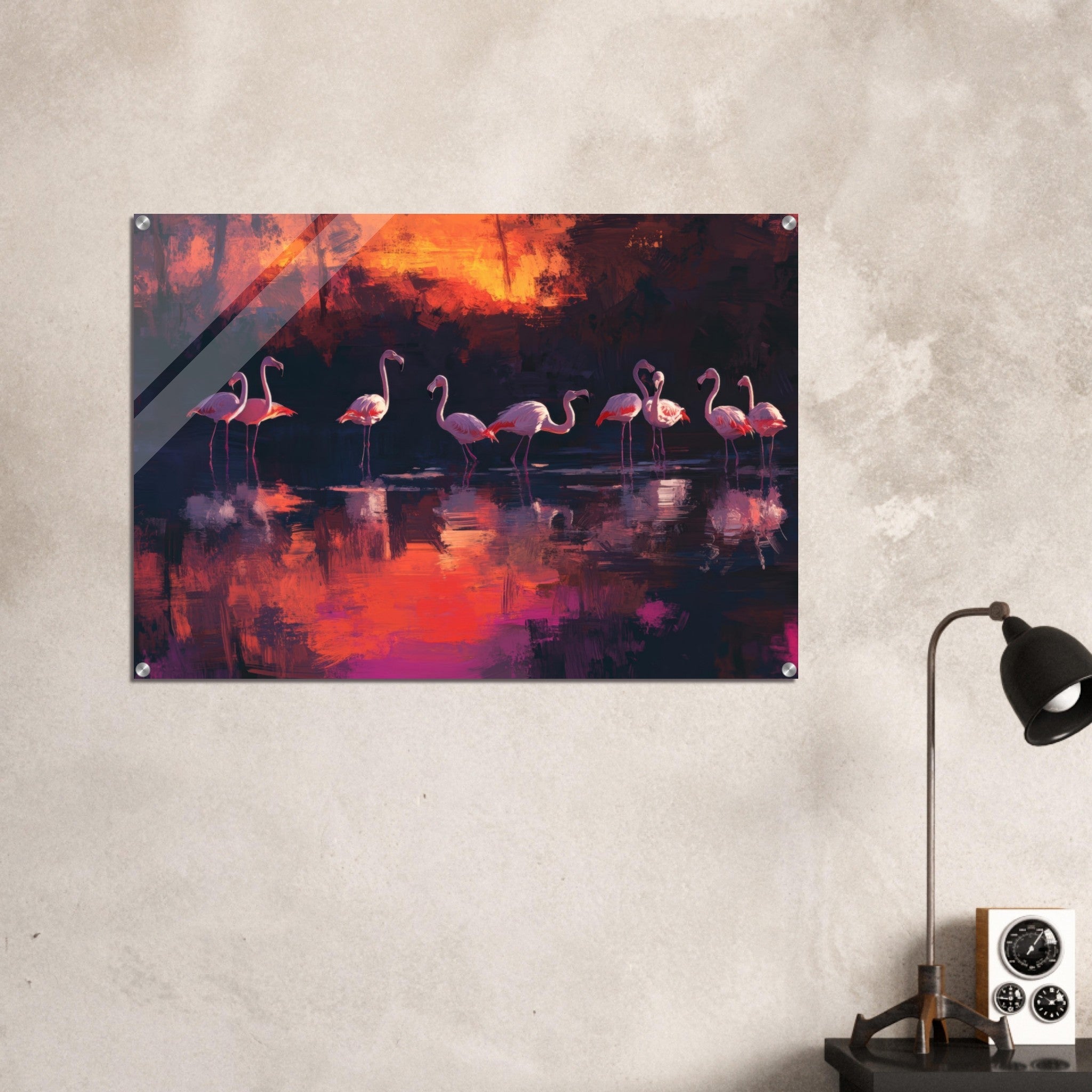 Acrylic Print Landscape - Surreal Flamingo Lake at Sunset Graceful flaming - Shop Ai Art WebShop - Digital Art online Store