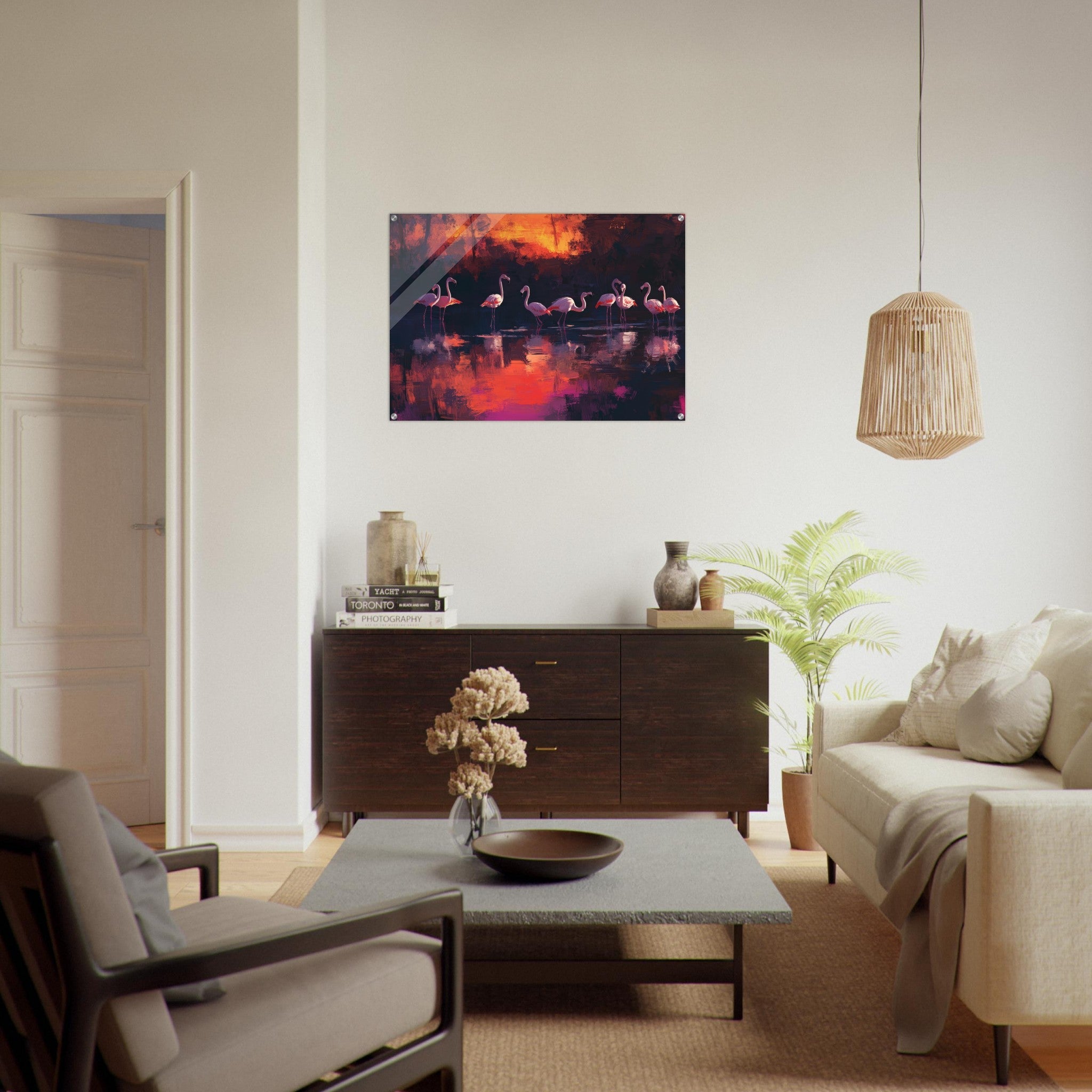 Acrylic Print Landscape - Surreal Flamingo Lake at Sunset Graceful flaming - Shop Ai Art WebShop - Digital Art online Store