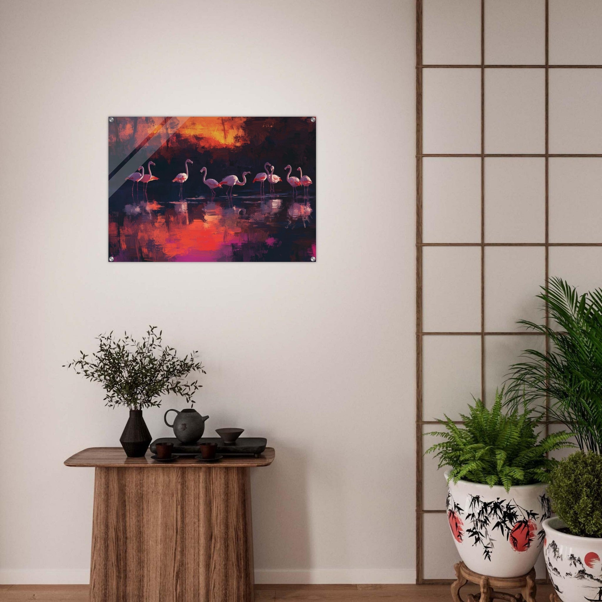 Acrylic Print Landscape - Surreal Flamingo Lake at Sunset Graceful flaming - Shop Ai Art WebShop - Digital Art online Store