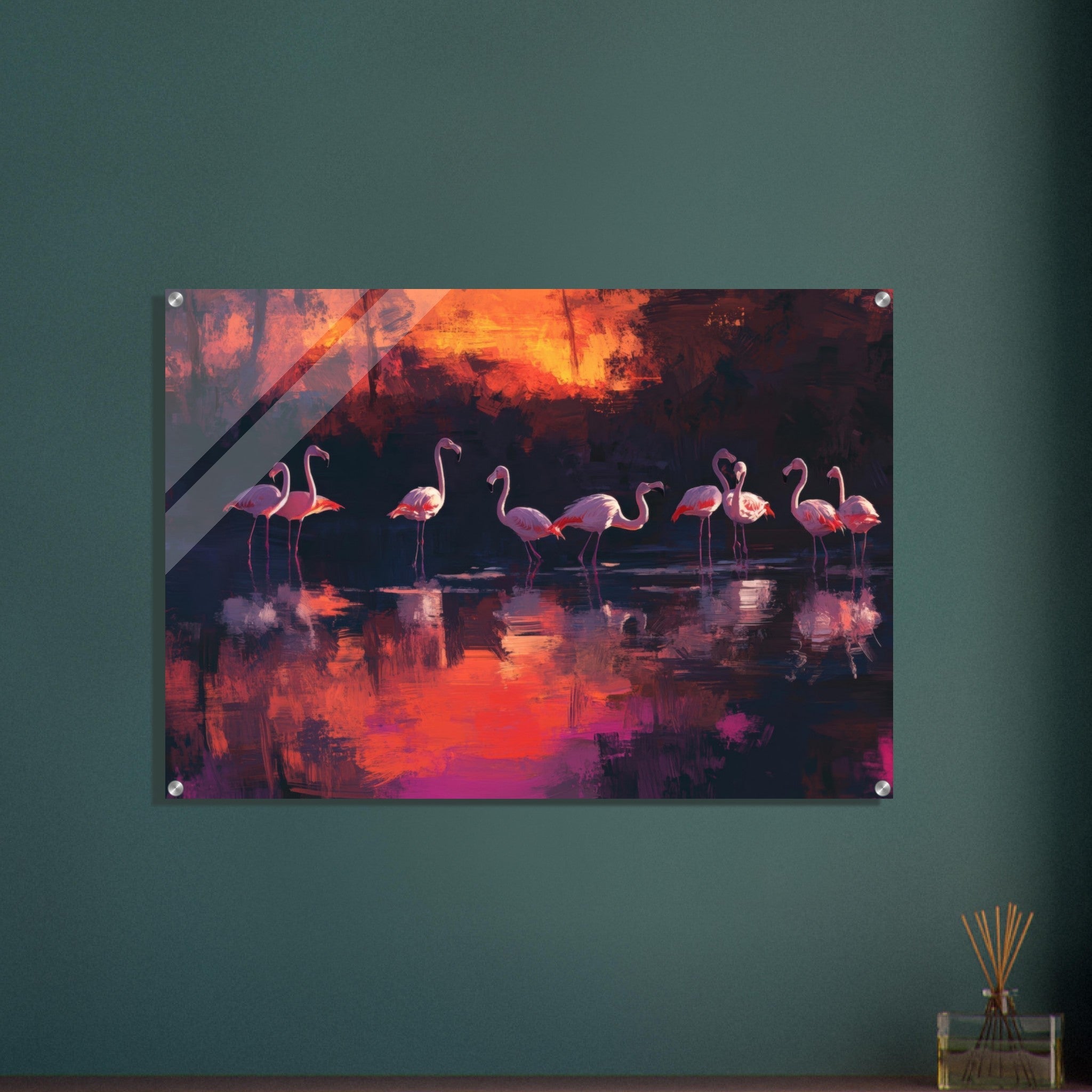 Acrylic Print Landscape - Surreal Flamingo Lake at Sunset Graceful flaming - Shop Ai Art WebShop - Digital Art online Store