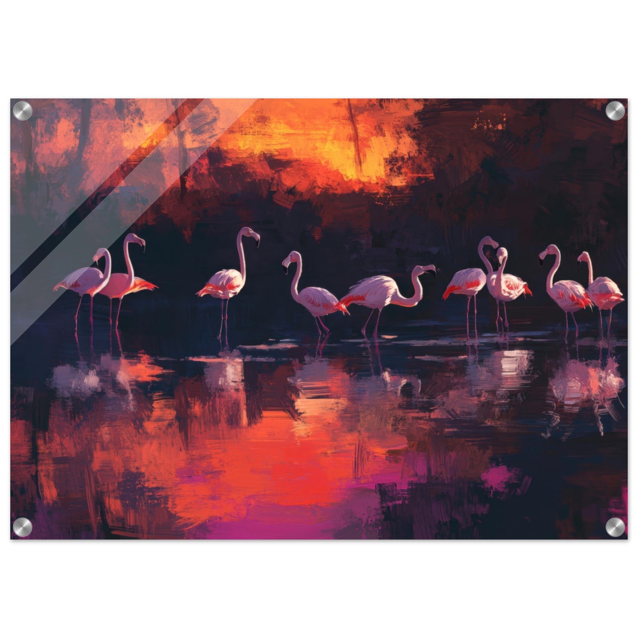 Acrylic Print Landscape - Surreal Flamingo Lake at Sunset Graceful flaming - Shop Ai Art WebShop - Digital Art online Store